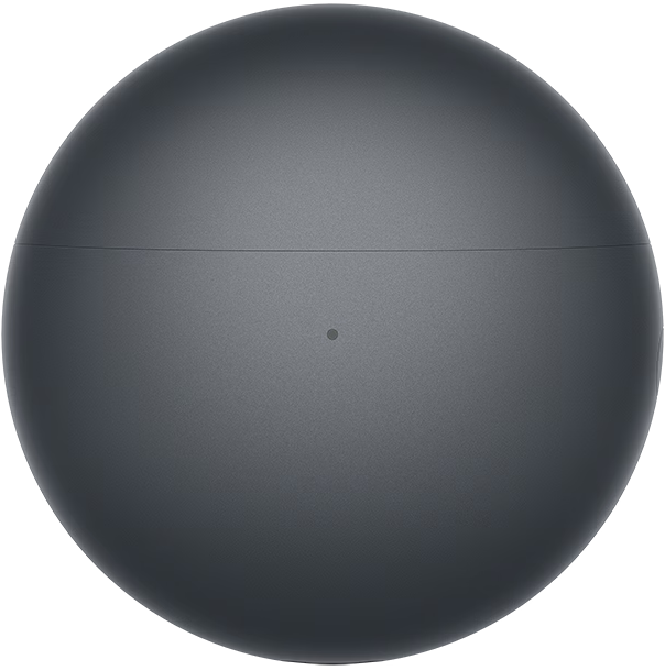 Un étui de chargement sphérique gris avec un petit point au centre.