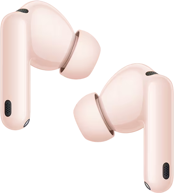 Deux écouteurs sans fil or rose sont présentés sur fond noir. Les écouteurs sont positionnés en diagonale.