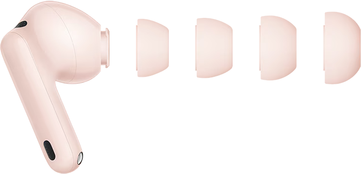 Un seul écouteur rose avec quatre embouts assortis alignés.