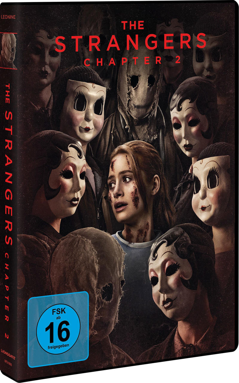 The Strangers Chapter 2 DVD-Cover. Eine Frau ist von maskierten Figuren umgeben. FSK 16.