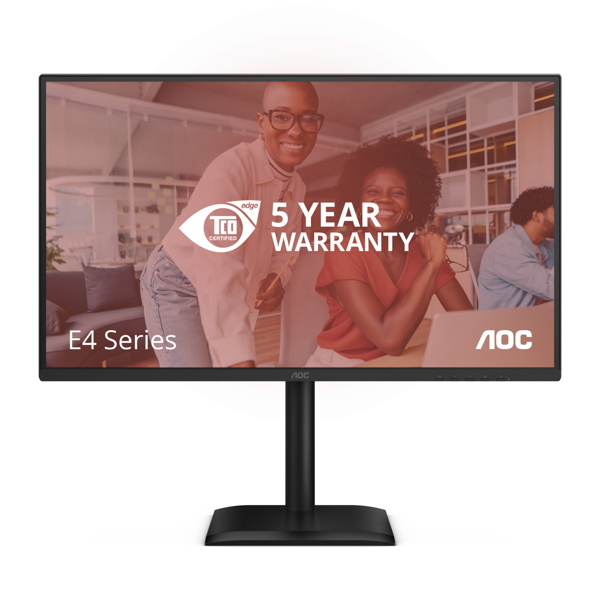 AOC E4 Series Monitor zeigt 2 lächelnde Frauen und Text '5 YEAR WARRANTY'.
