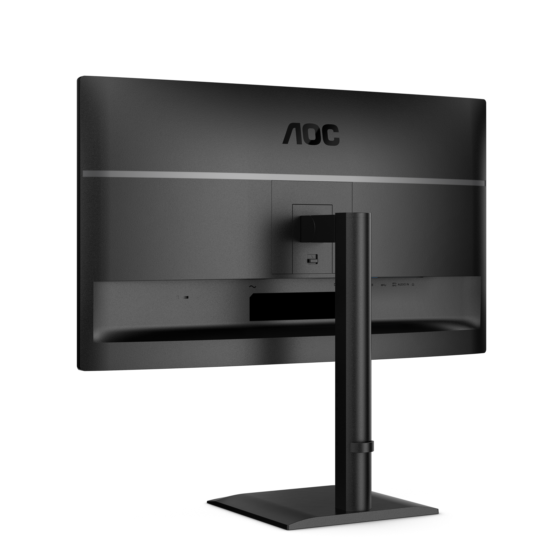 Rückansicht eines schwarzen AOC-Monitors mit Ständer und sichtbaren Anschlüssen.