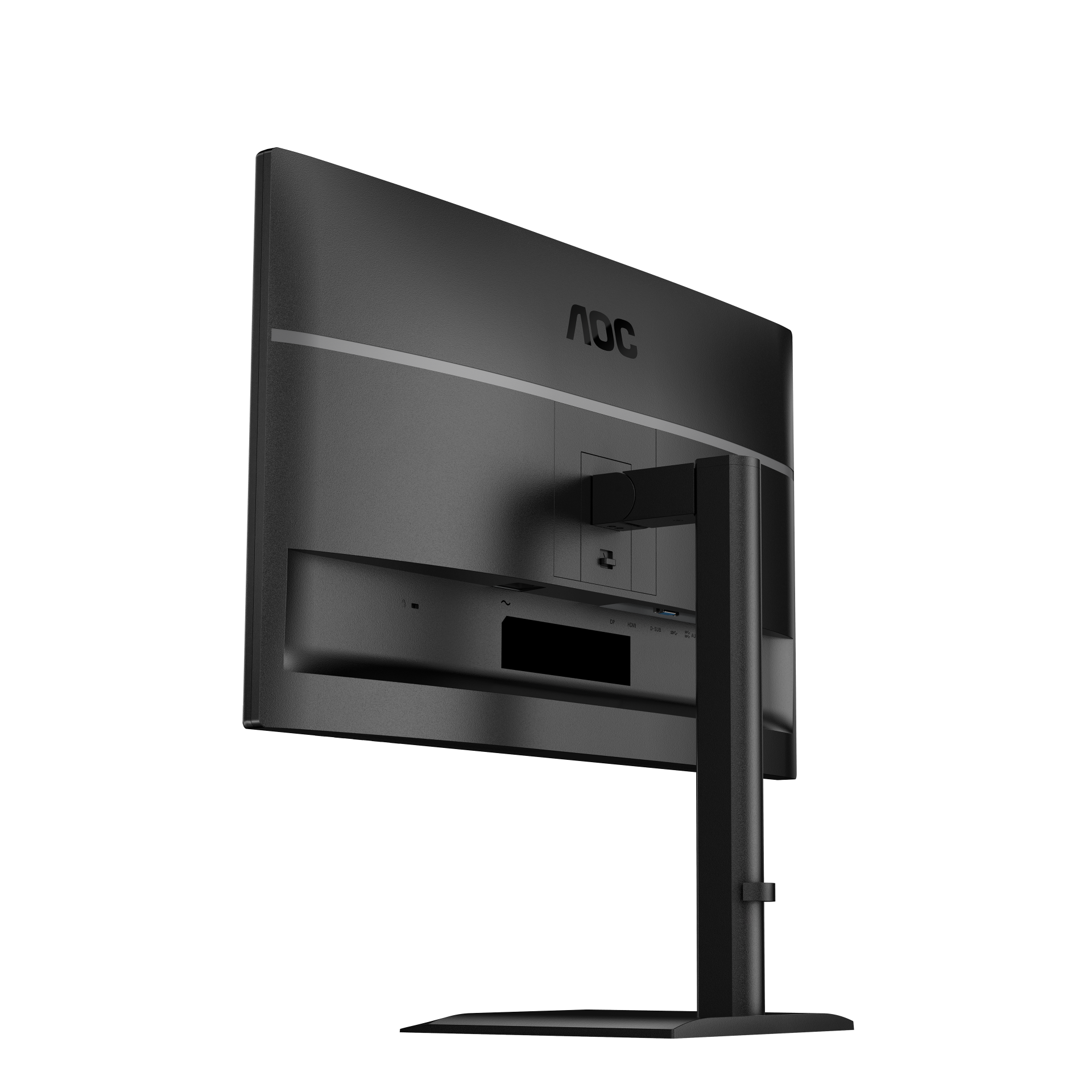 Rückansicht eines schwarzen AOC-Monitors mit sichtbaren Anschlüssen am Ständer.