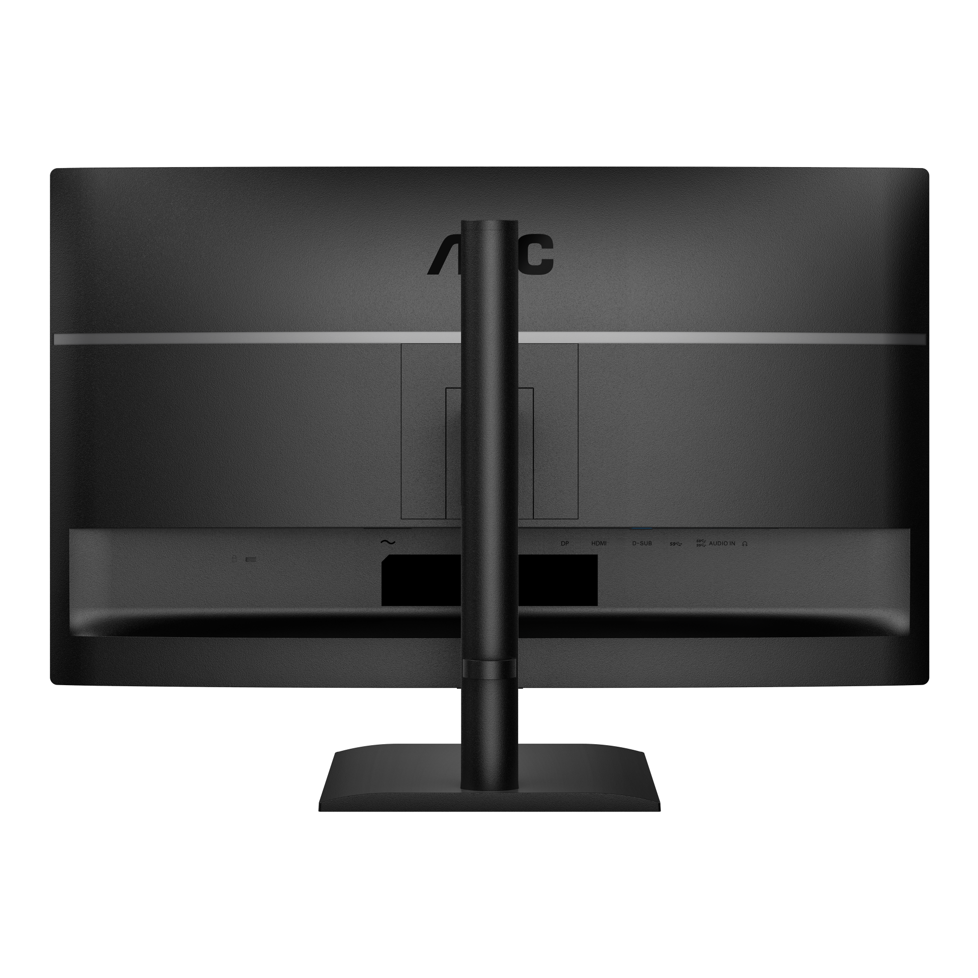 Rückseite eines schwarzen AOC-Monitors mit Ständer und Anschlüssen DP, HDMI, D-SUB, SS, Audio In.