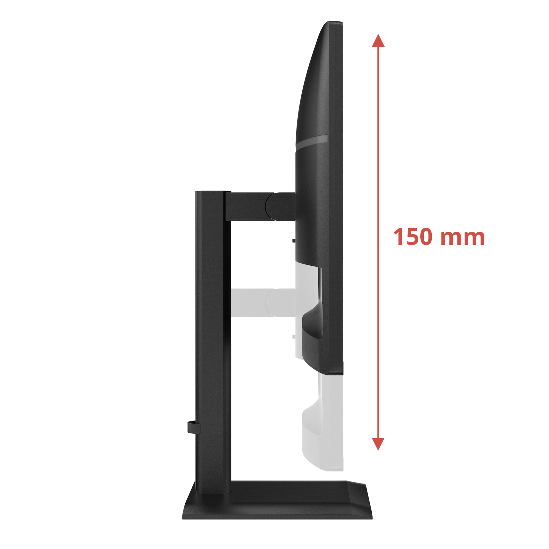 Seitenansicht eines schwarzen Monitorständers mit Höhenverstellung von 150 mm.