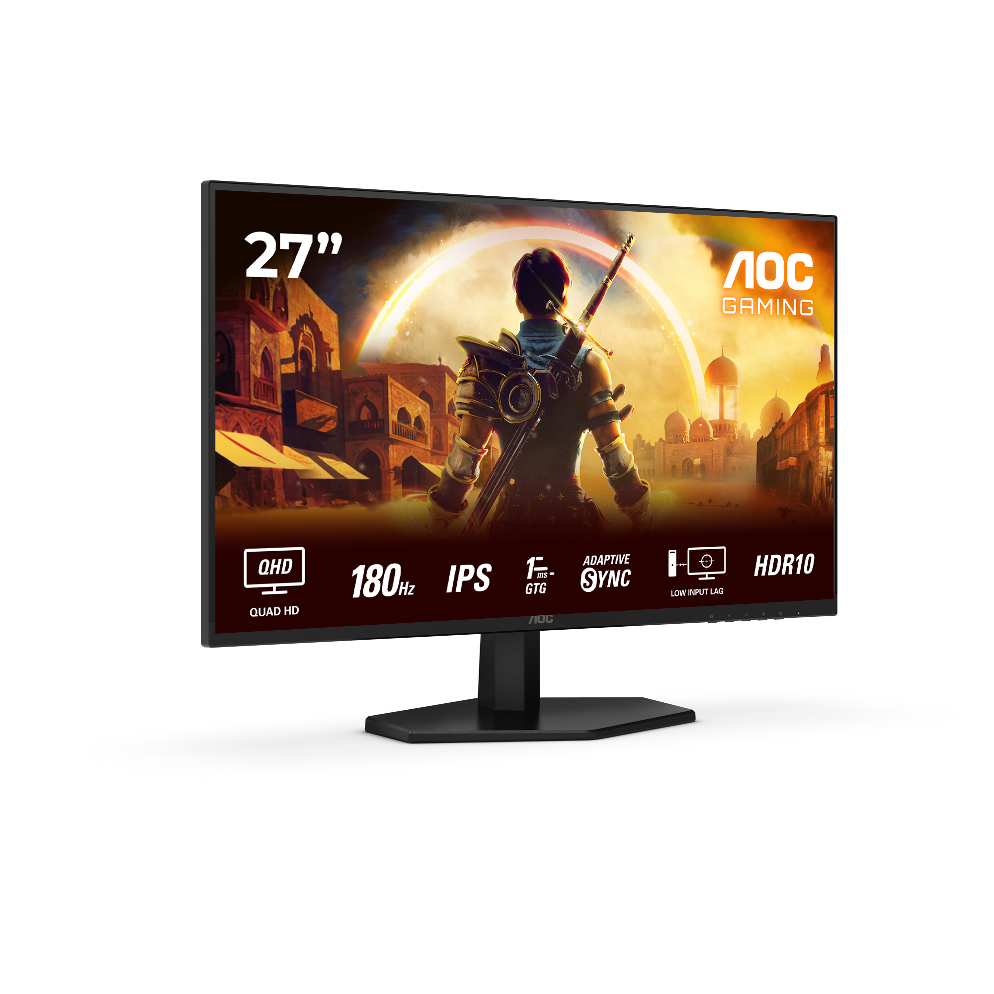 Un moniteur gaming AOC de 27 pouces affiche une scène fantastique avec un guerrier et une architecture ancienne.
