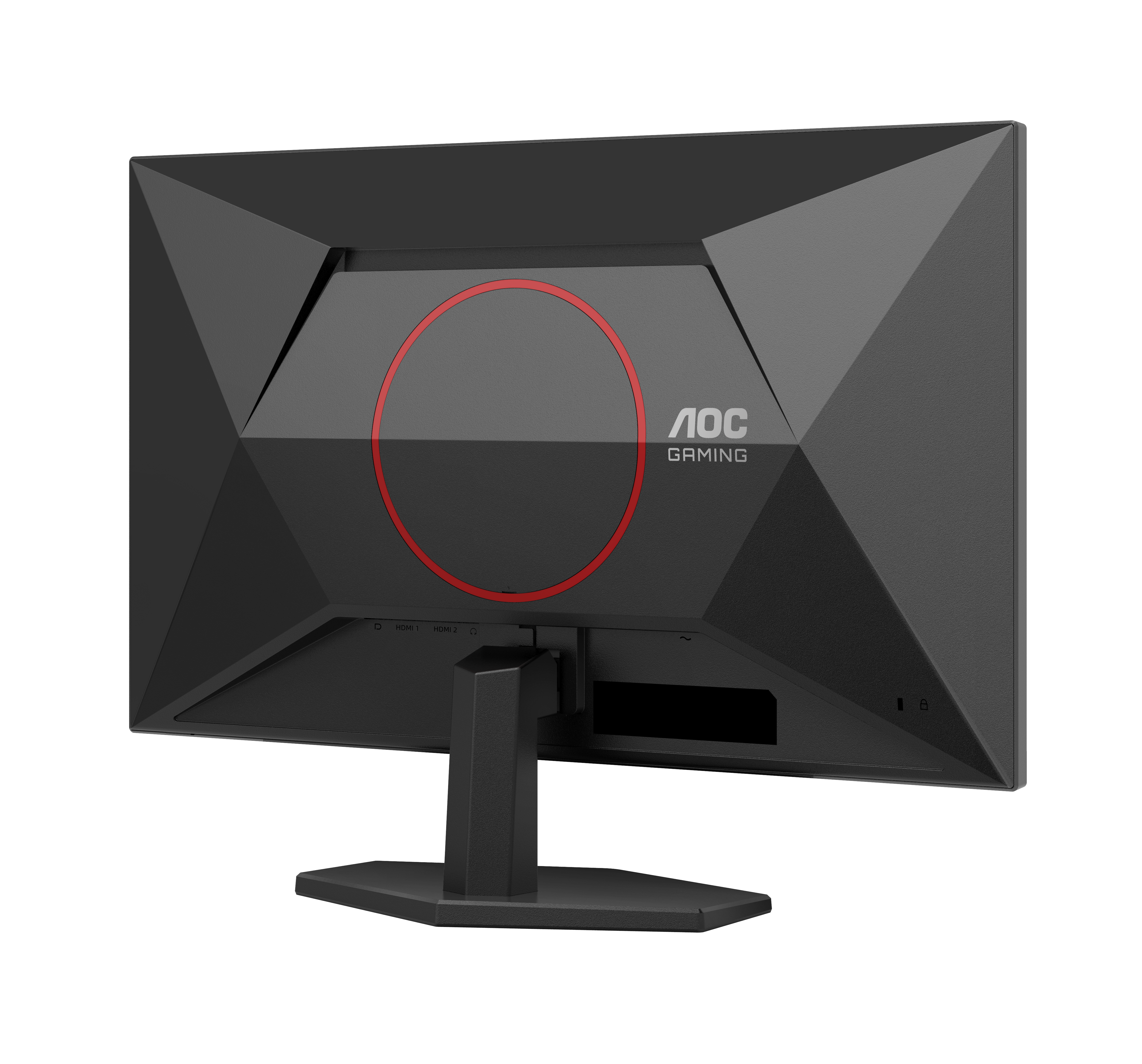 Arrière d'un moniteur gaming AOC noir avec logo cercle rouge. Ports visibles.