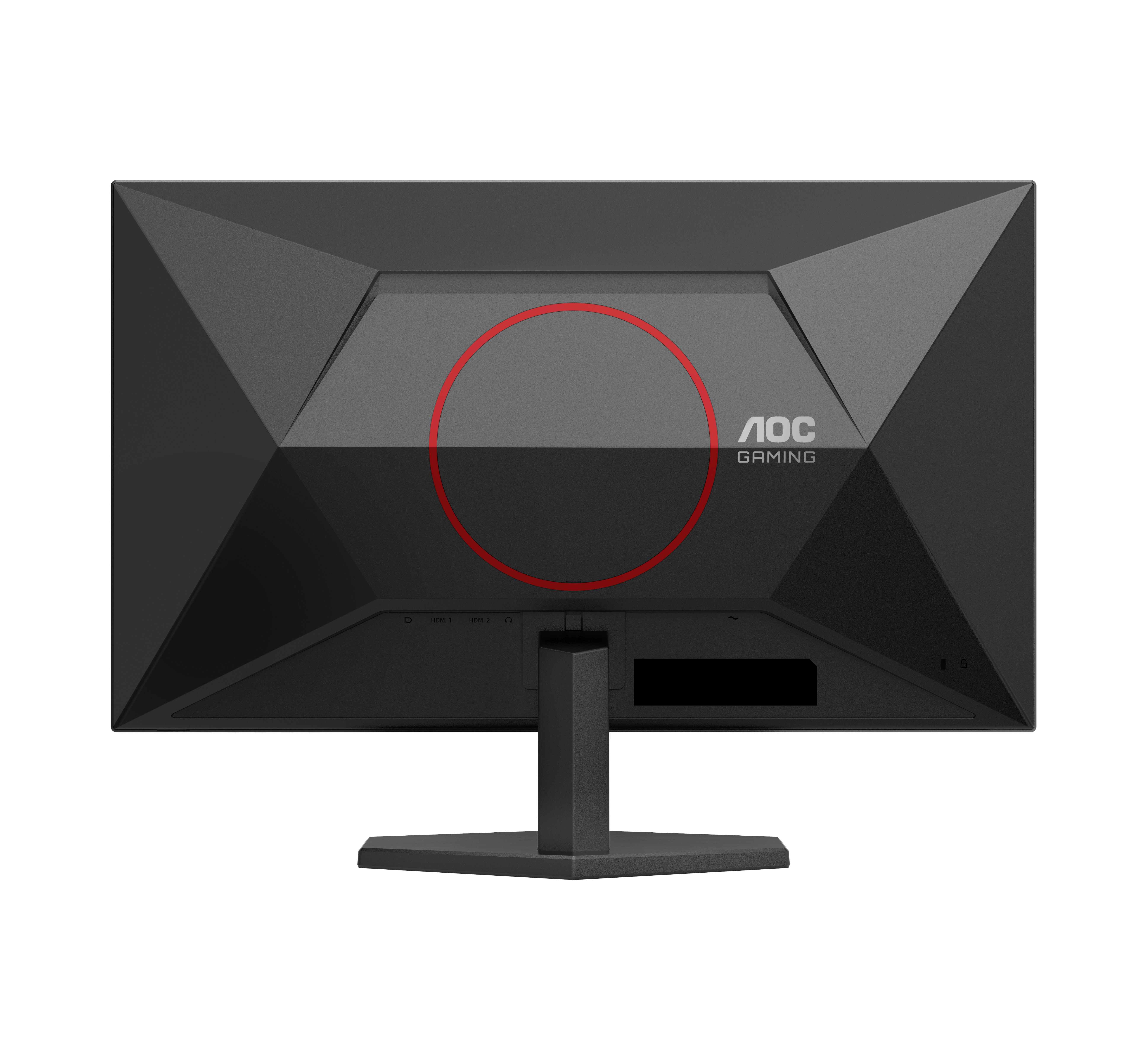 Arrière d'un moniteur gaming AOC noir avec cercle rouge et ports.
