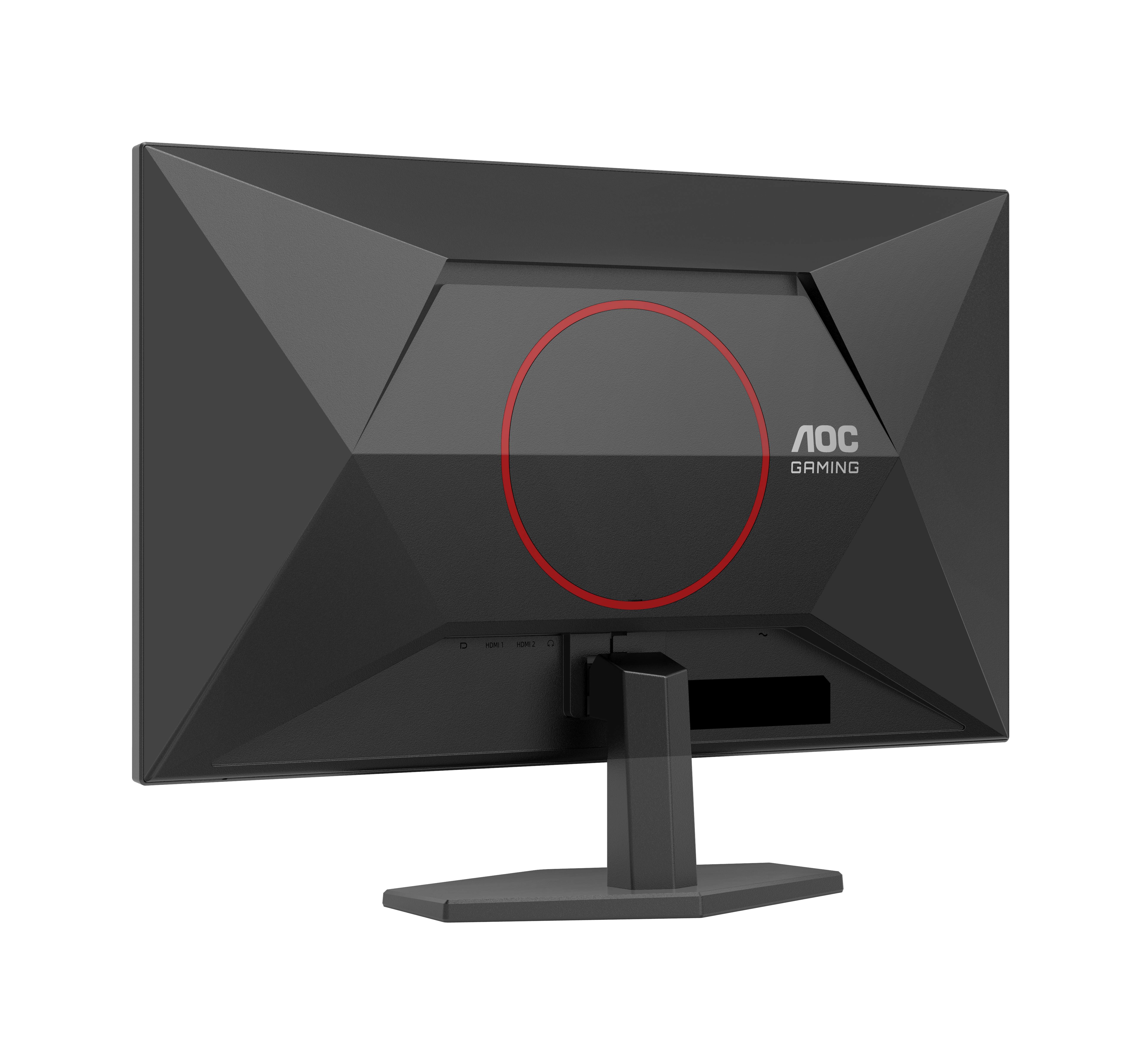 Vue arrière d'un moniteur gaming AOC noir avec accent circulaire rouge et ports.