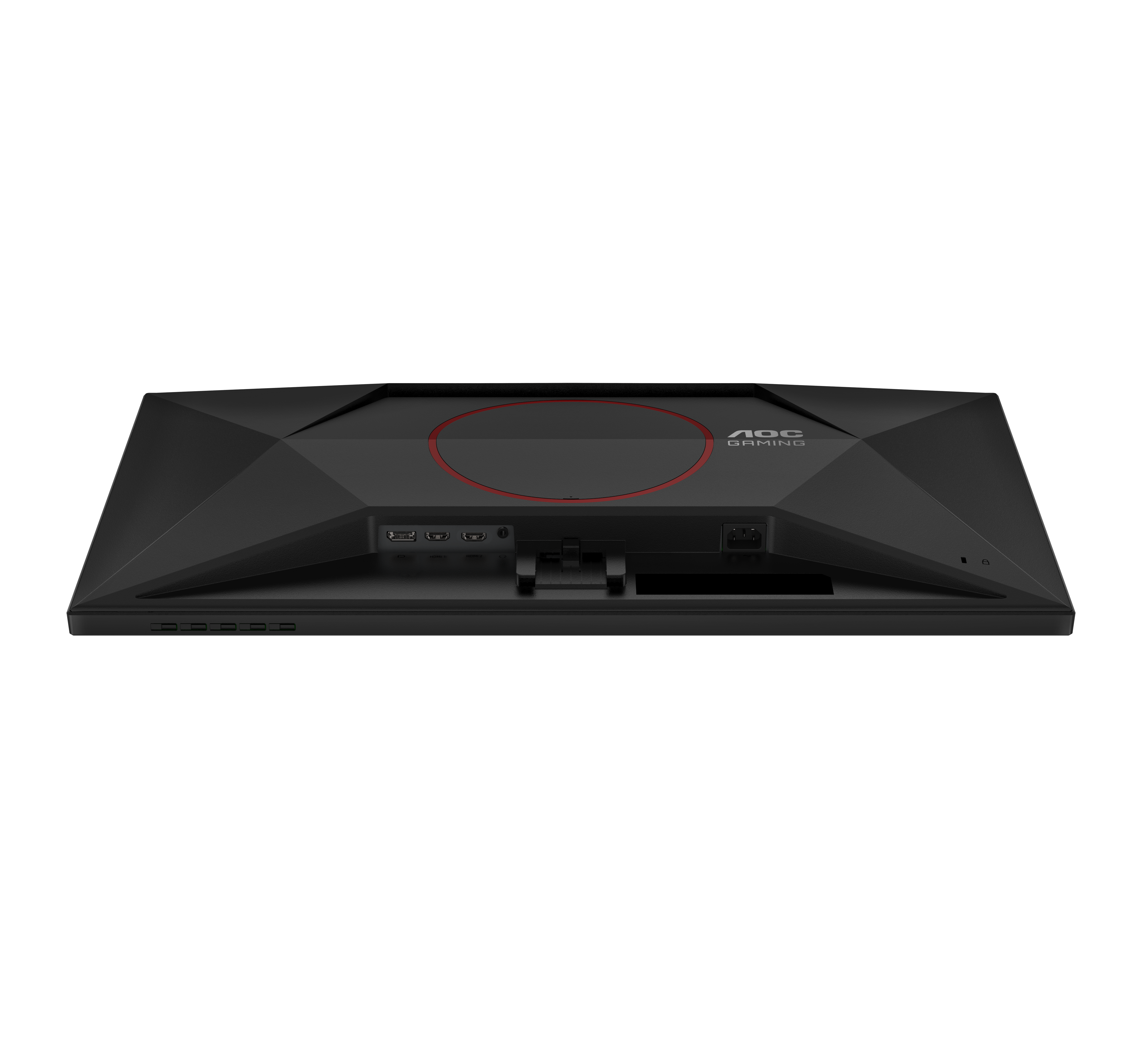 Arrière d'un moniteur gaming AOC noir avec ports et détail d'anneau rouge.