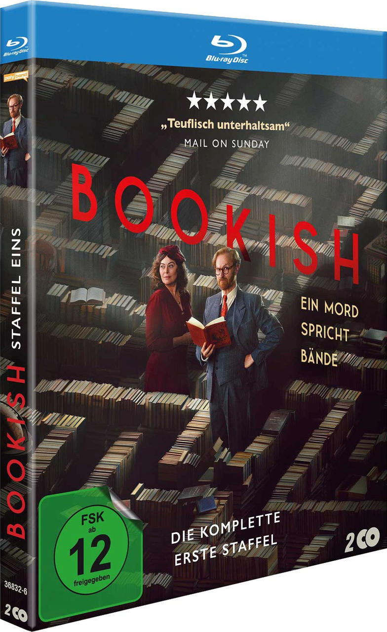 Bookish Blu-ray-Cover mit Mann und Frau zwischen Bücherregalen. Texte auf Englisch und Deutsch.