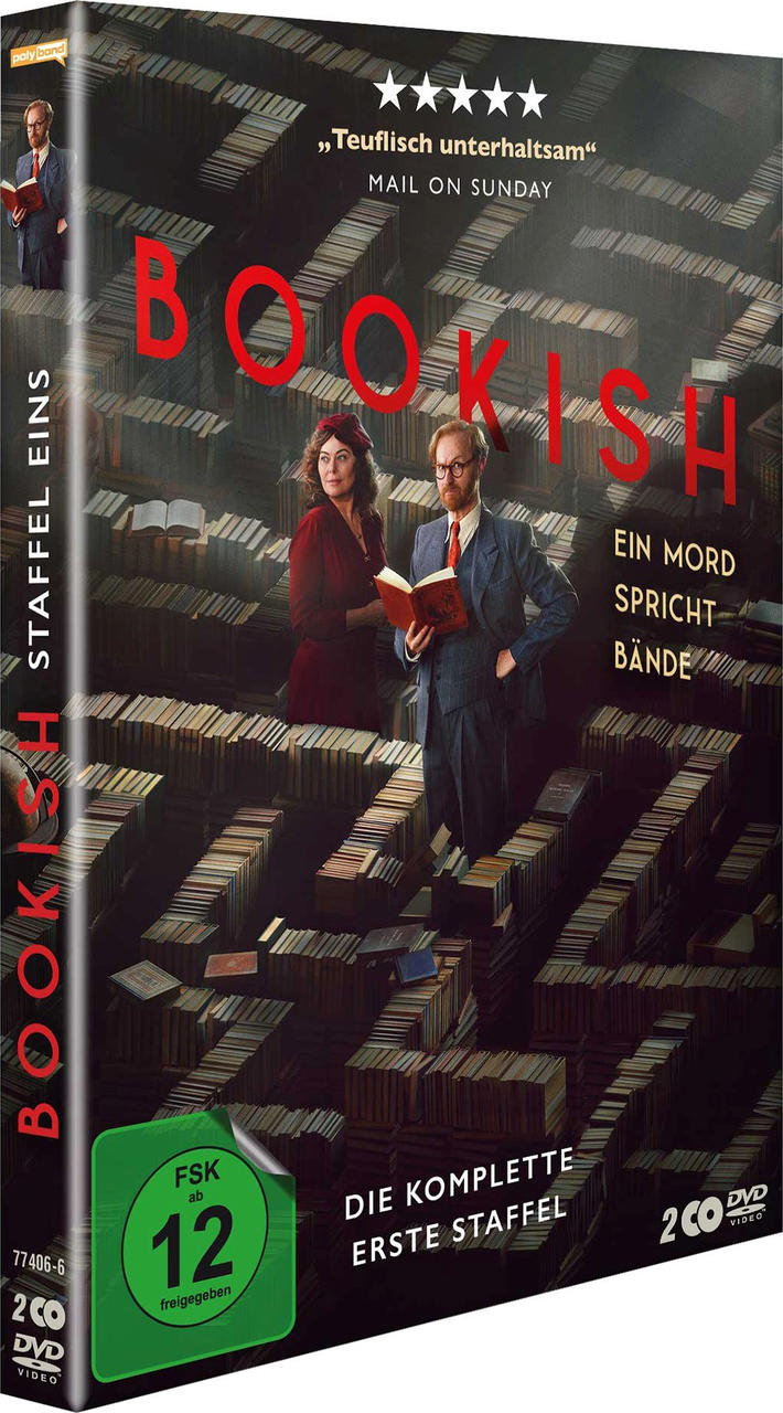 Bookish DVD-Cover: Mann und Frau stehen zwischen Bücherregalen. Titel und Altersfreigabe sichtbar.