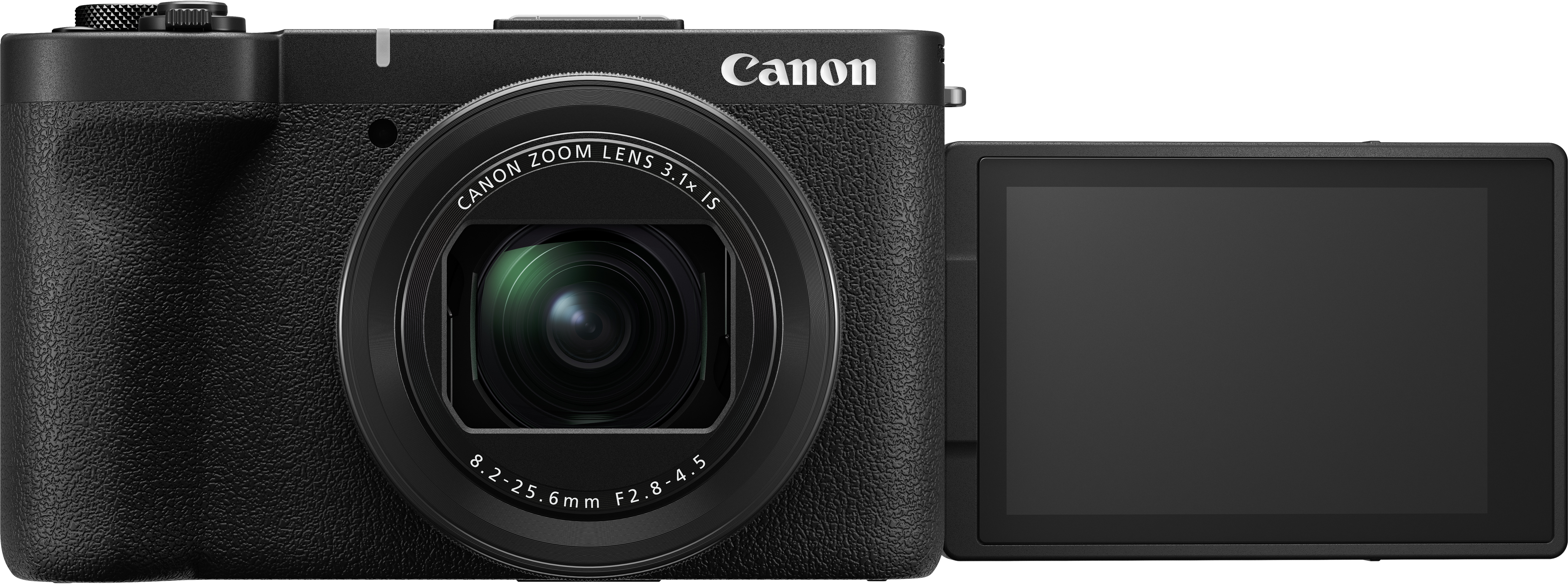 Schwarze Canon Digitalkamera mit Zoomobjektiv und ausklappbarem Bildschirm. Vorderansicht.