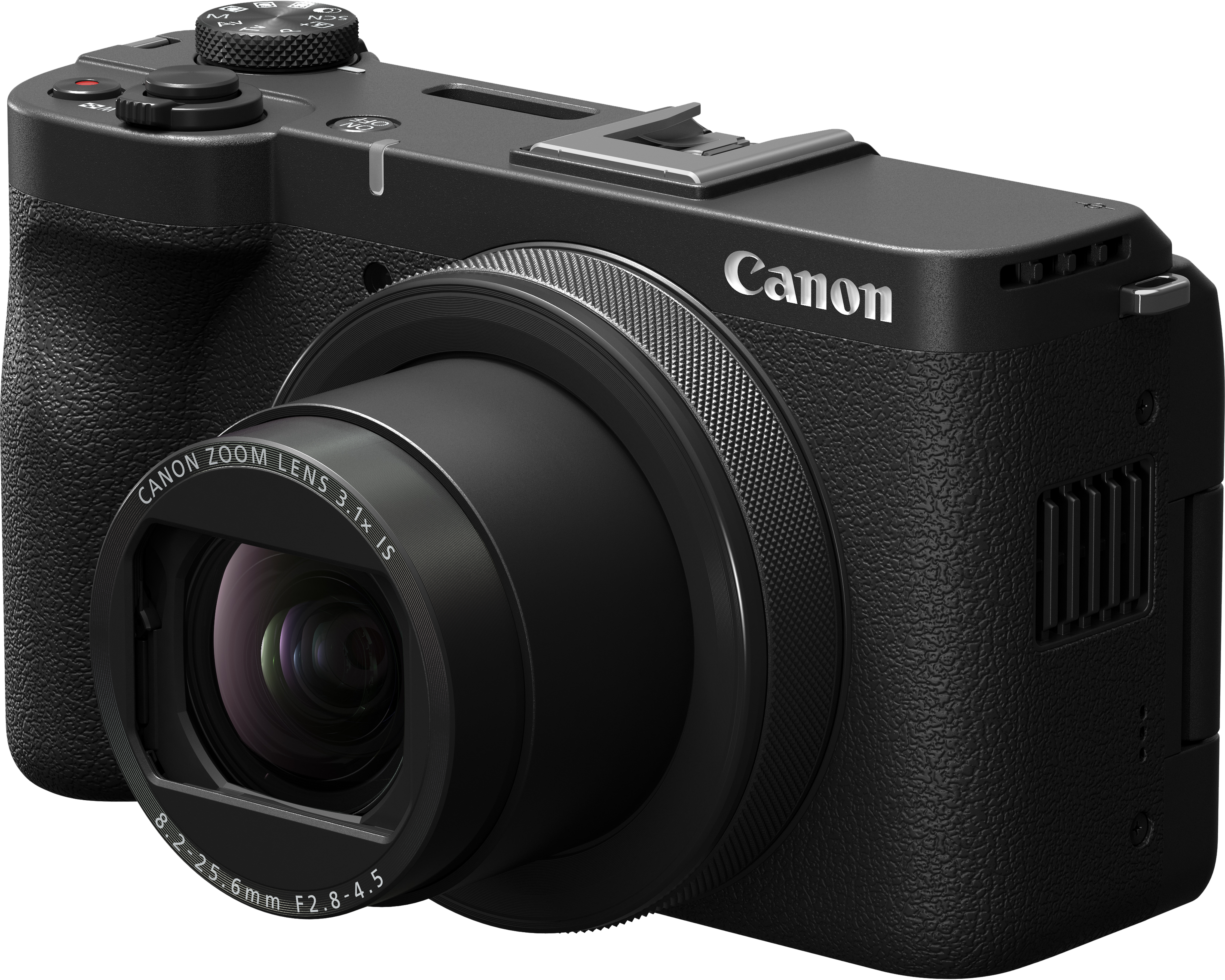 Schwarze Canon Digitalkamera mit Zoomobjektiv, strukturierter Griff und Moduswahlrad.