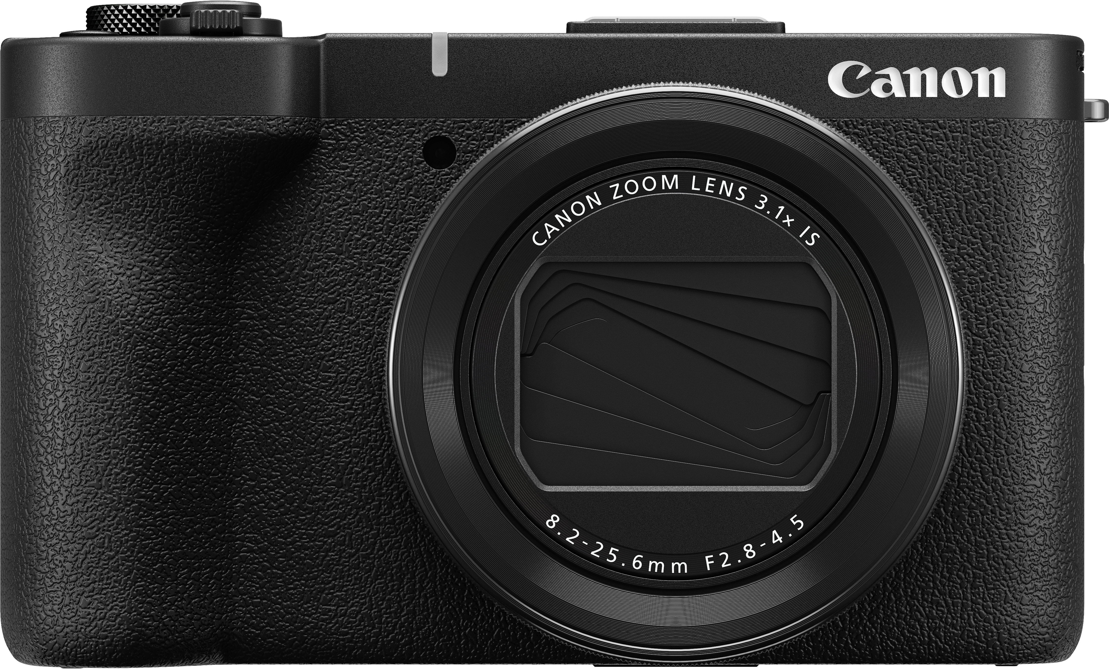 Schwarze Canon Digitalkamera mit Zoomobjektiv, Fokusring und texturiertem Griff.