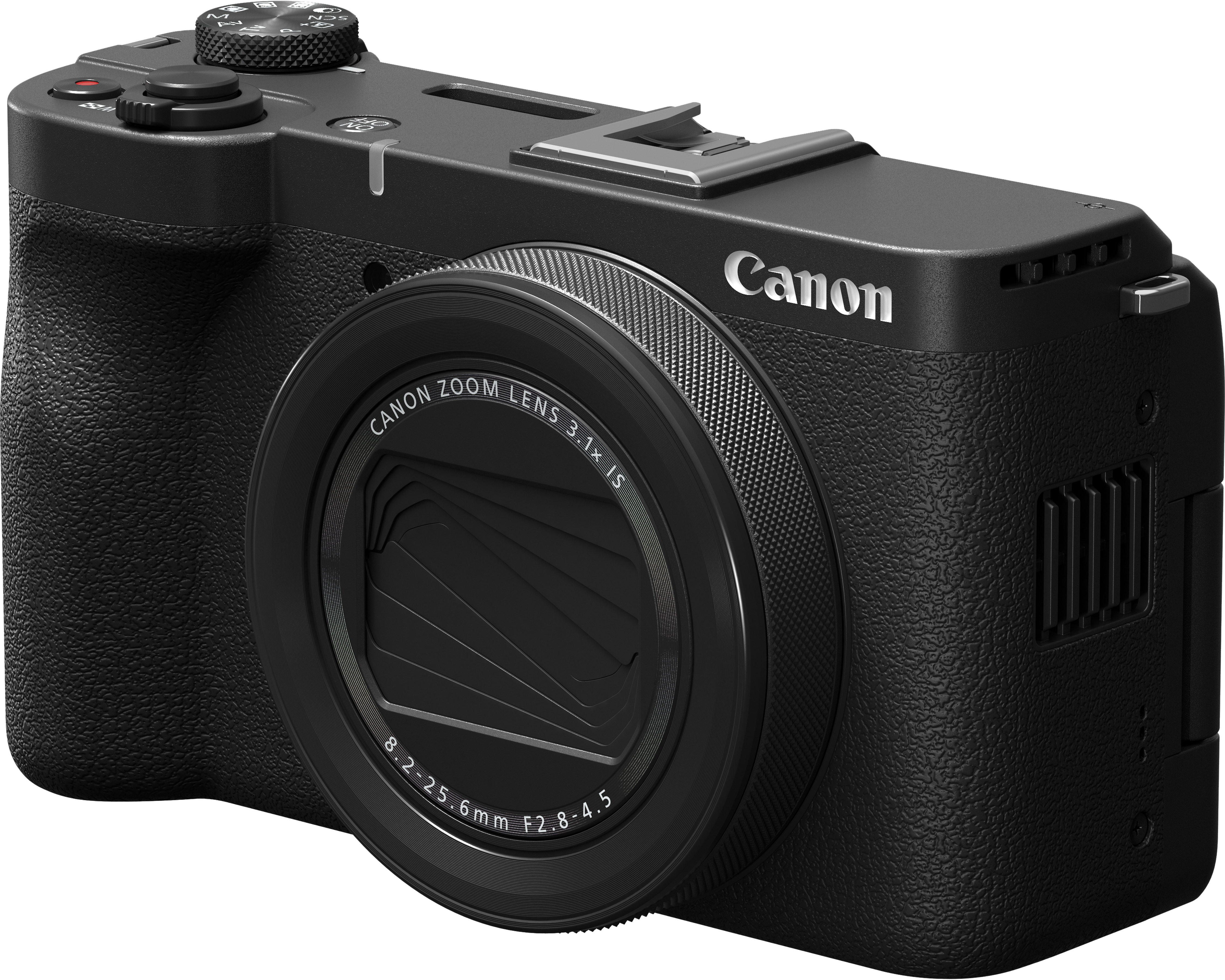 Eine schwarze Canon-Kamera mit Zoomobjektiv, Nahaufnahme der Vorderseite mit Bedienelementen.