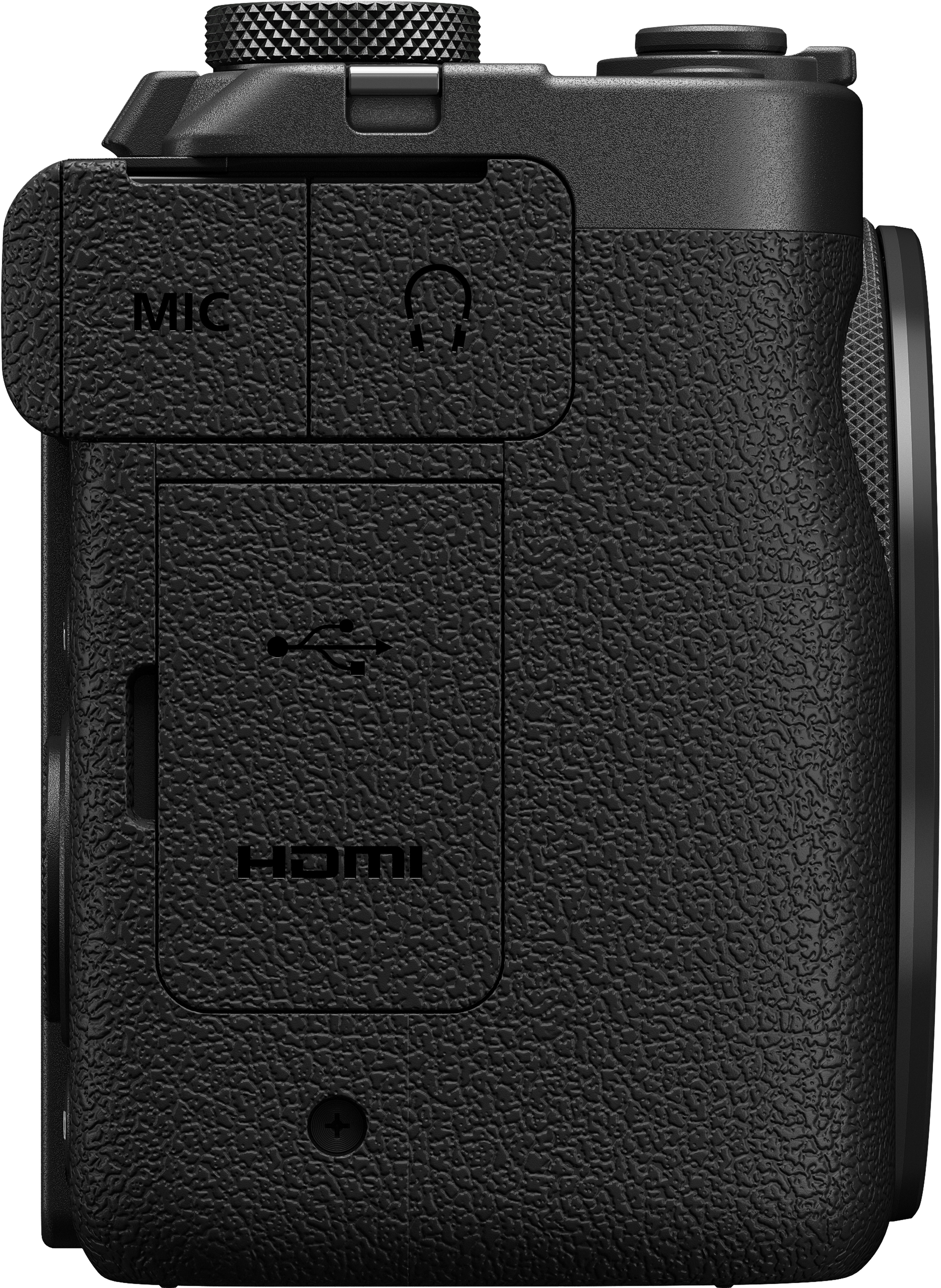 Schwarze Kamera-Seite mit Anschlüssen: MIC, Kopfhörer, USB und HDMI.