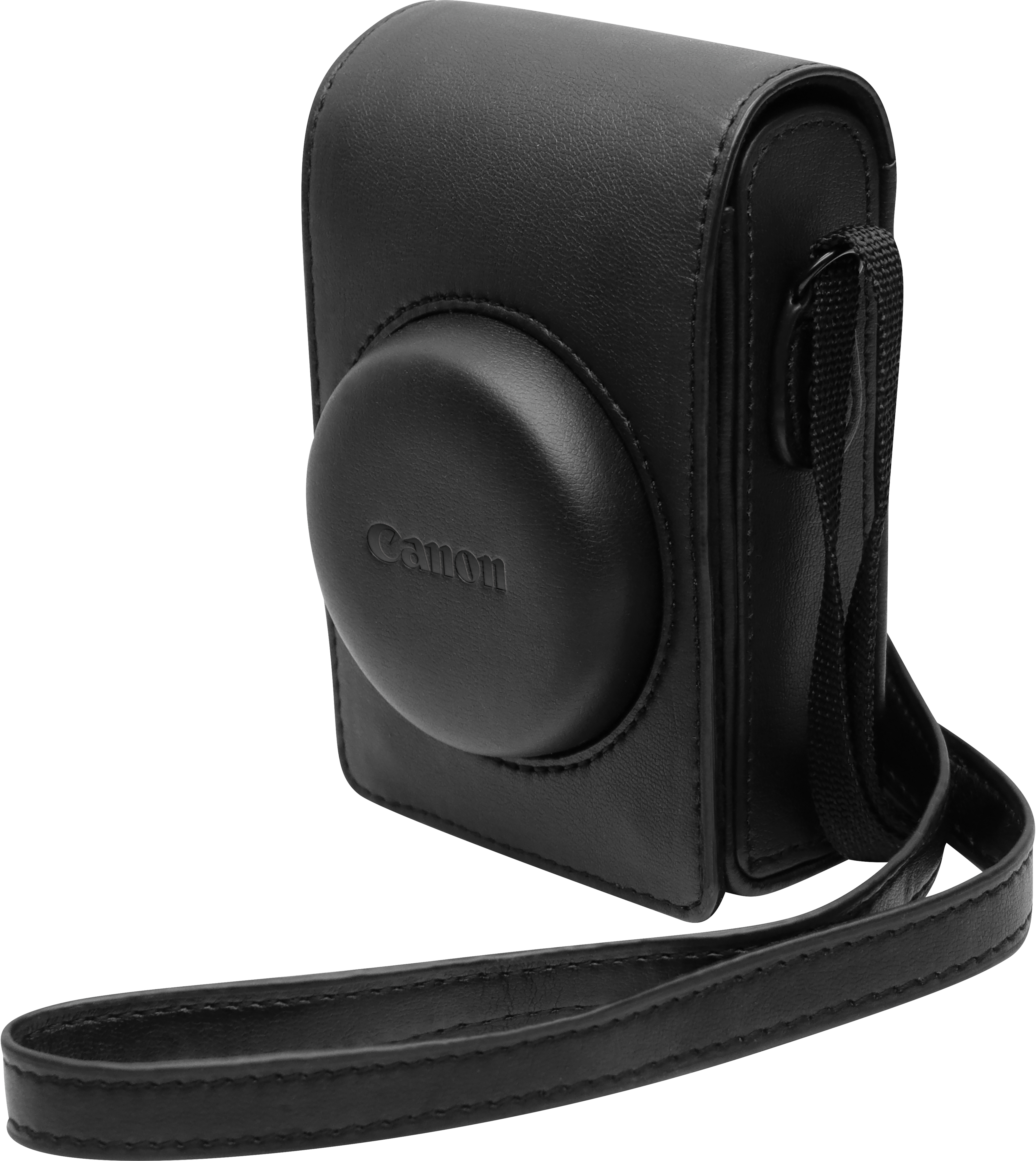 Custodia nera in pelle con logo Canon e cinturino.