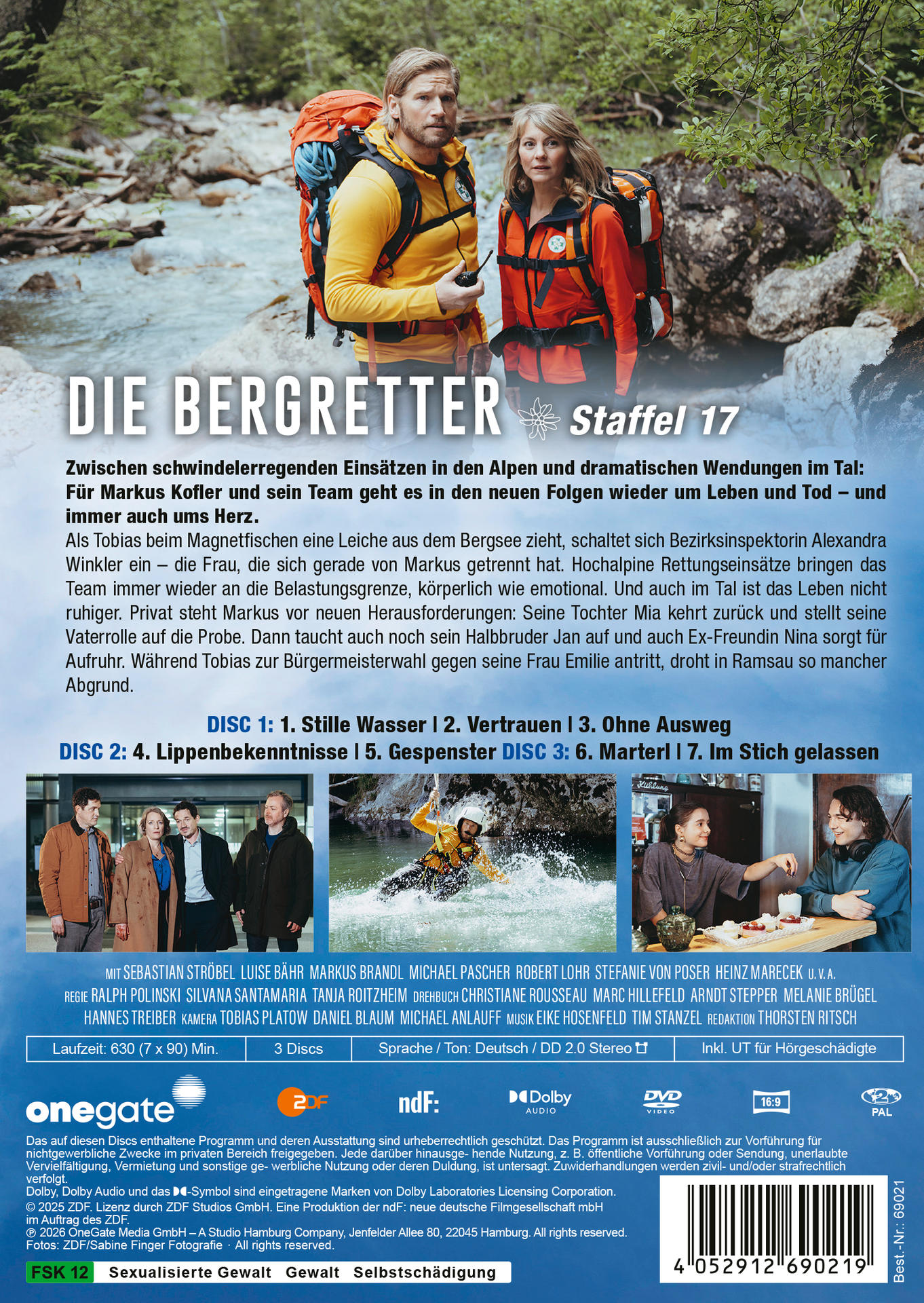Die Bergretter Staffel 17 Poster mit zwei Rettern in Bergsteigerausrüstung, Fluss, Text, Logos.
