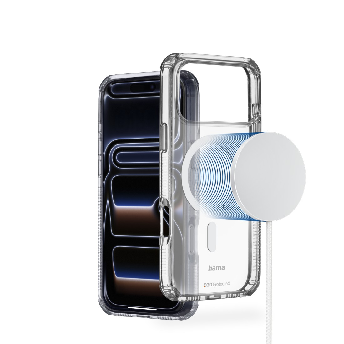 Eine durchsichtige Handyhülle mit Handy und weißem Magnetladegerät wird gezeigt.