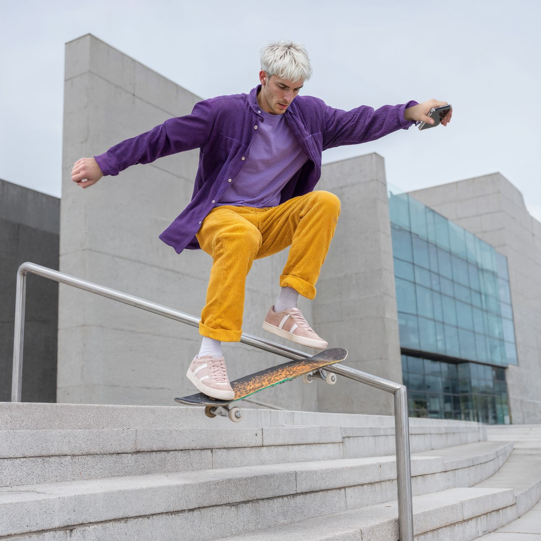 Skateboarder in lila Hemd und gelber Hose grint auf einer Schiene vor einem modernen Gebäude.