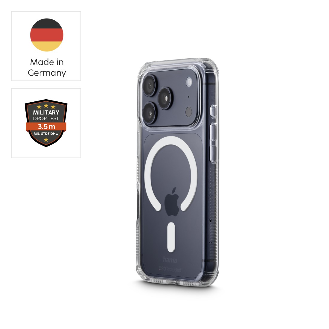 Transparente iPhone-Hülle mit MagSafe, Made in Germany, Militärischer Falltest 3,5m.