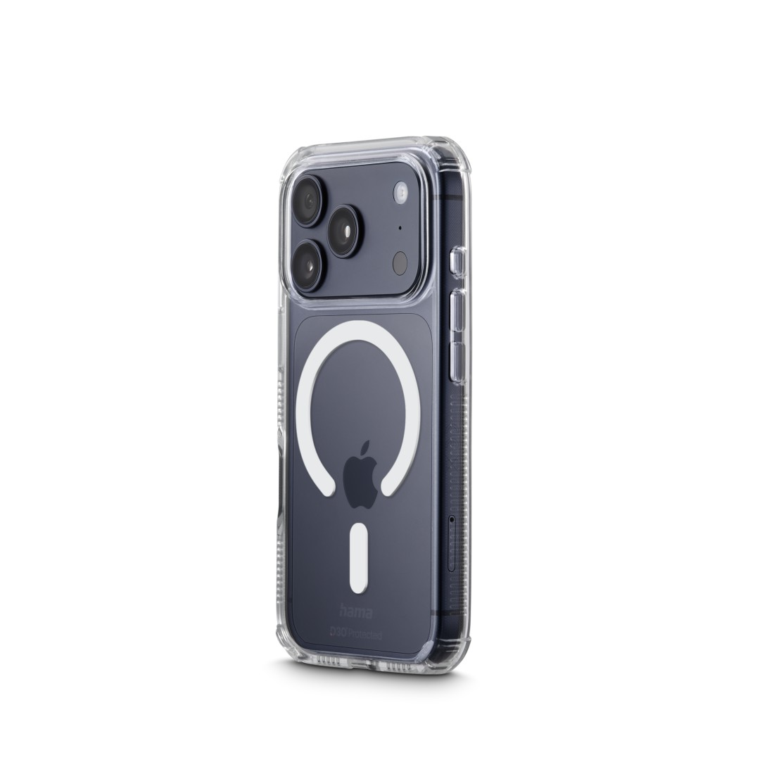 Transparente Hülle mit weißem Magnetring und Apple-Logo auf dunklem Handy.