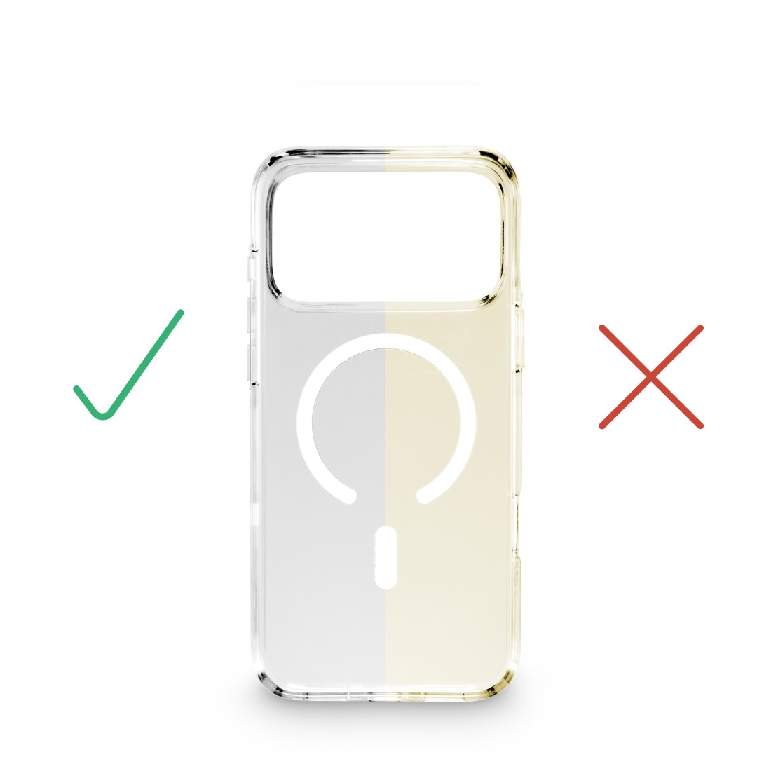 Transparente Handyhülle mit Magnetring, links grüner Haken, rechts rotes Kreuz.