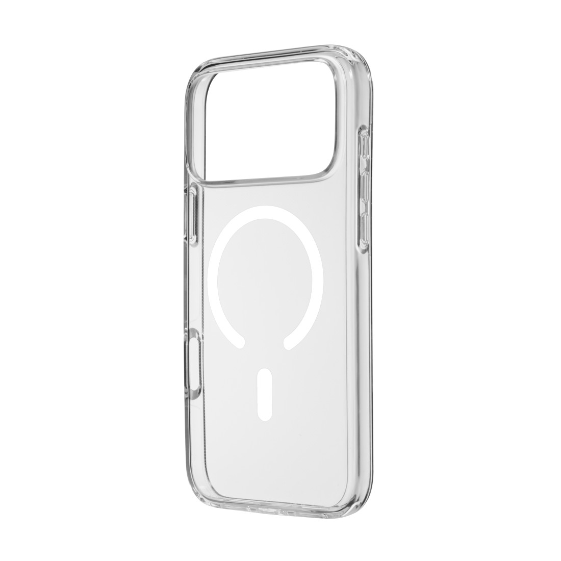 Eine durchsichtige Handyhülle mit einem kreisförmigen Magnetring und einer kleinen vertikalen Linie.