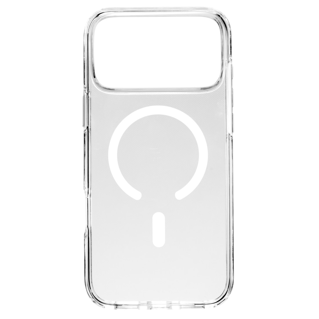 Eine durchsichtige Handyhülle mit weißem MagSafe-Ring und Strichmuster.
