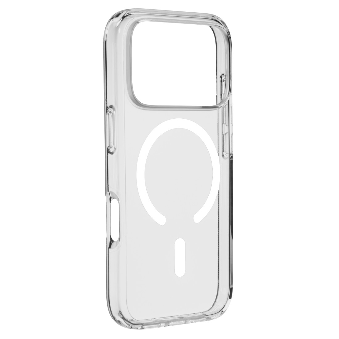 Eine durchsichtige iPhone-Hülle mit magnetischem Ringdesign auf weißem Hintergrund.