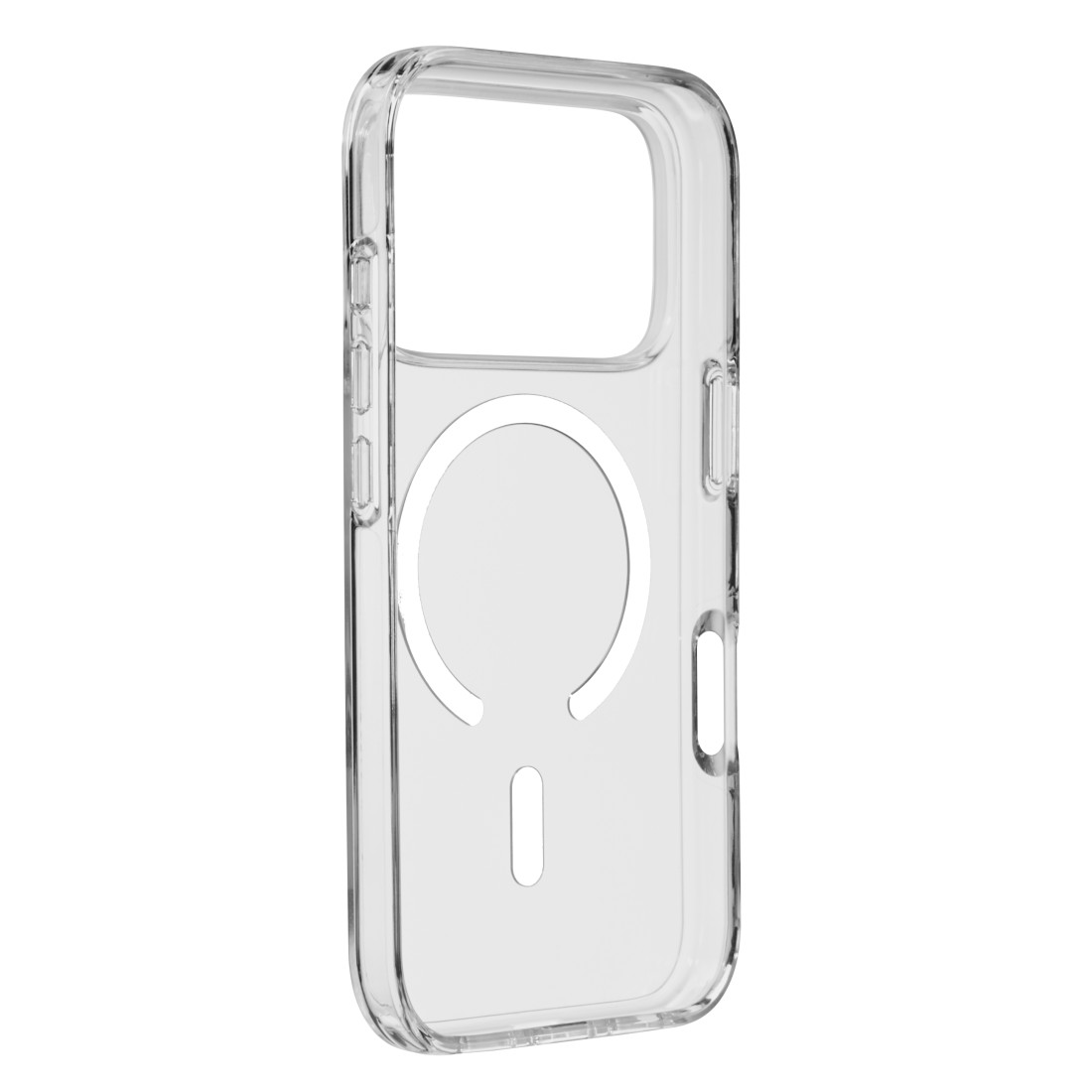 Transparente Handyhülle mit Magnetring für MagSafe-Ladegerät. Weißer Hintergrund.