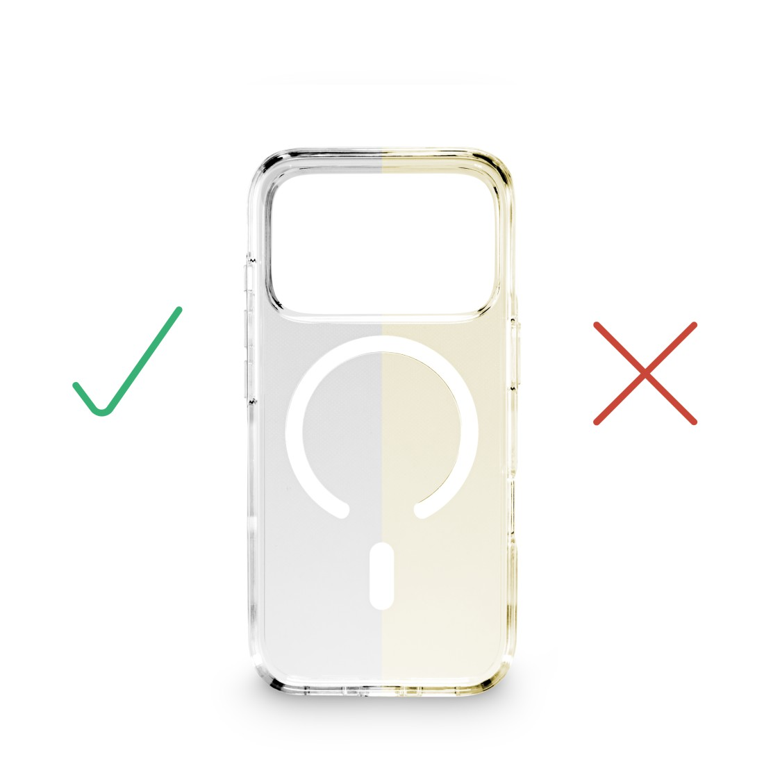 Transparente Hülle mit MagSafe-Kreis. Grüner Haken links, rotes Kreuz rechts.