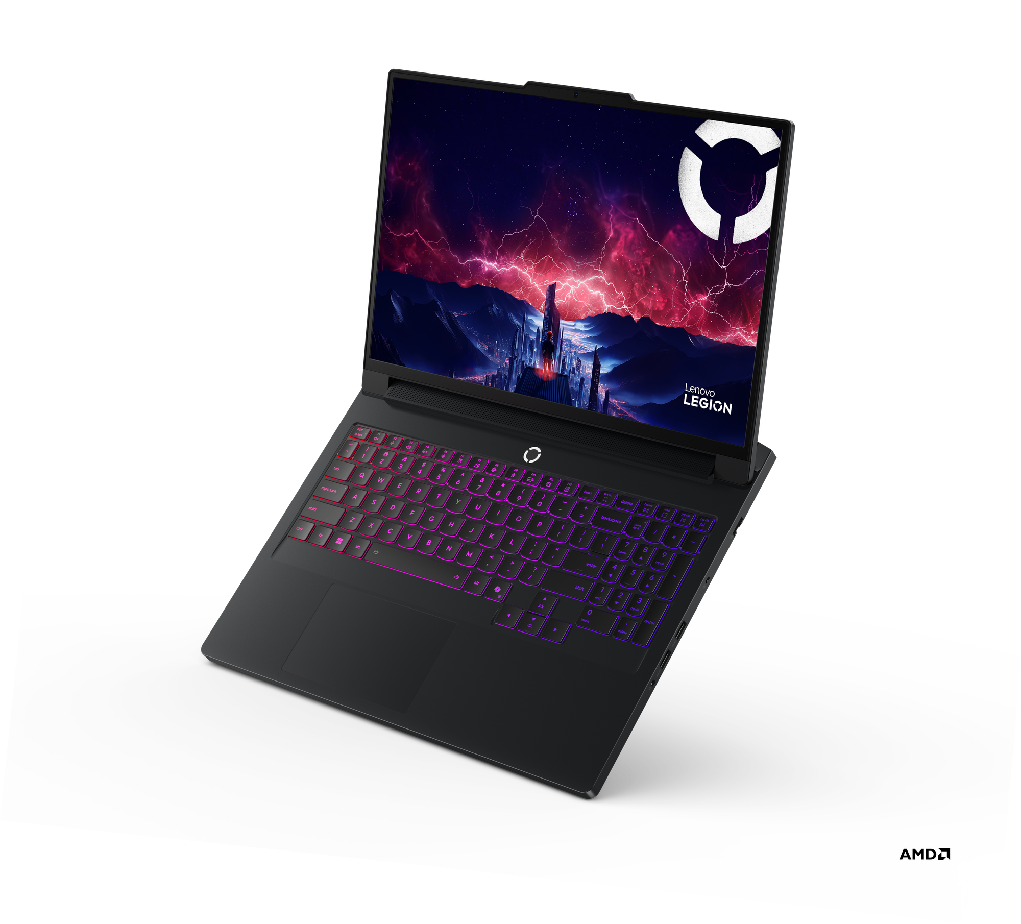 Ekranında canlı, fütüristik duvar kağıdı olan koyu renkli bir Lenovo Legion laptop.