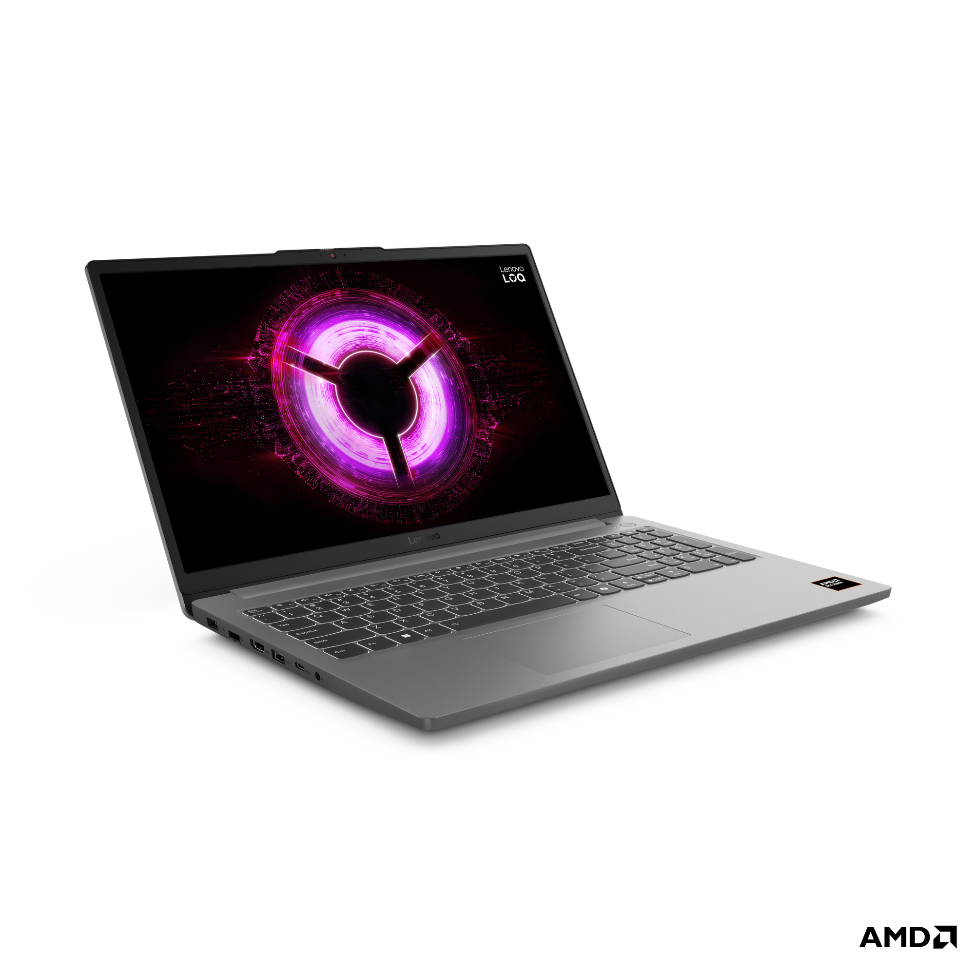 Gümüş renkli Lenovo dizüstü bilgisayar açık, ekranında pembe ve mor soyut grafik var.