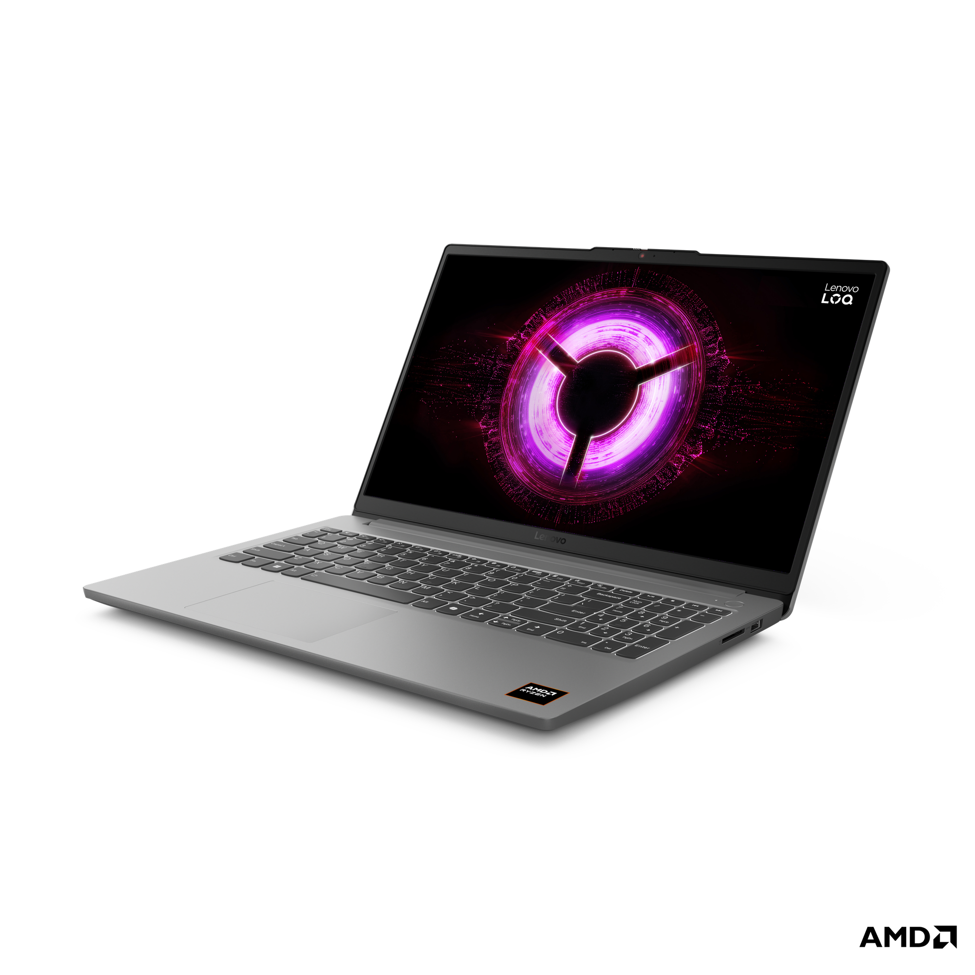 Gümüş rengi Lenovo dizüstü bilgisayar açık, ekranında parlak pembe ve mor dairesel grafik gösteriyor.
