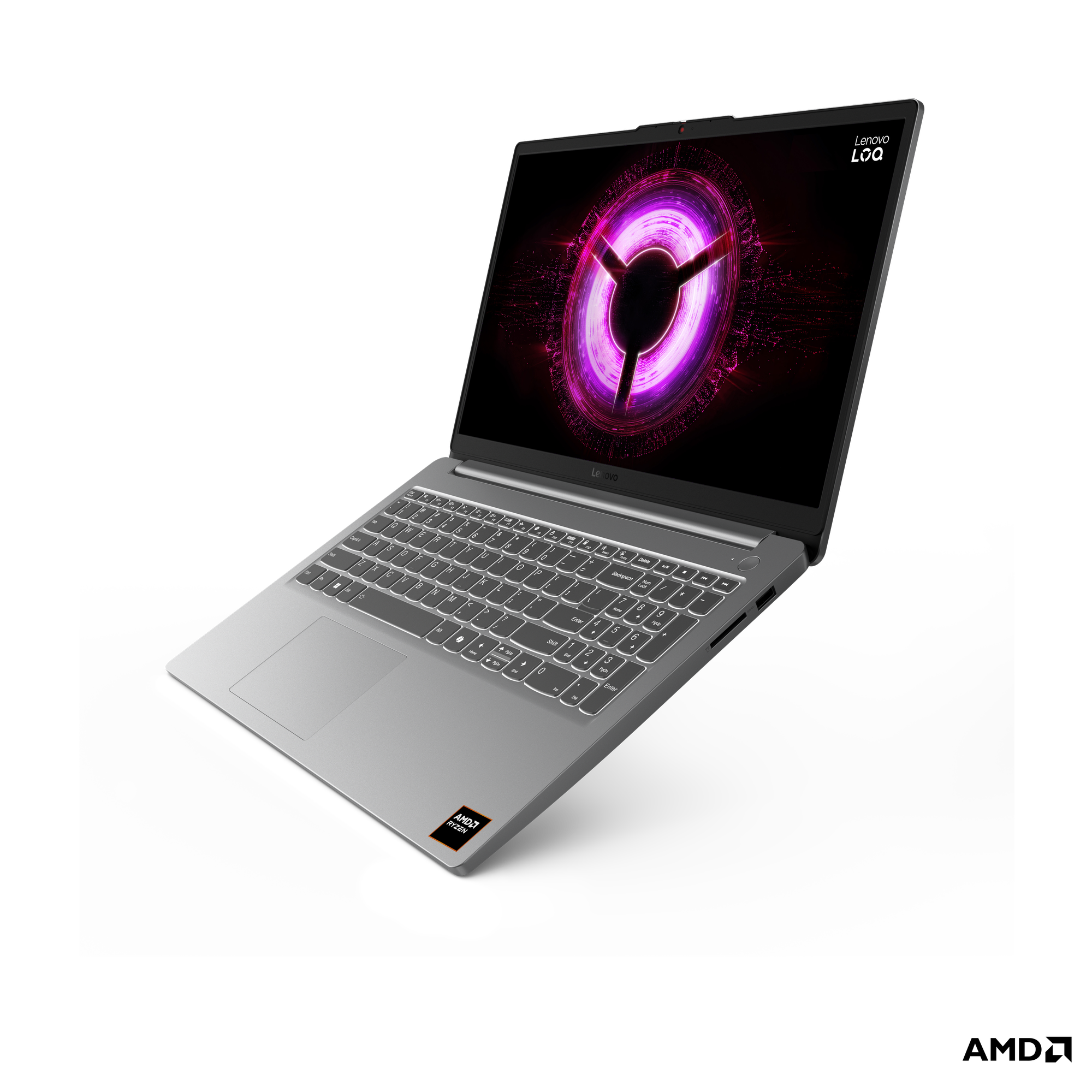 Arkadan aydınlatmalı klavyeli, parlak pembe ve mor ekran grafiklerine sahip gümüş renkli Lenovo dizüstü bilgisayar.