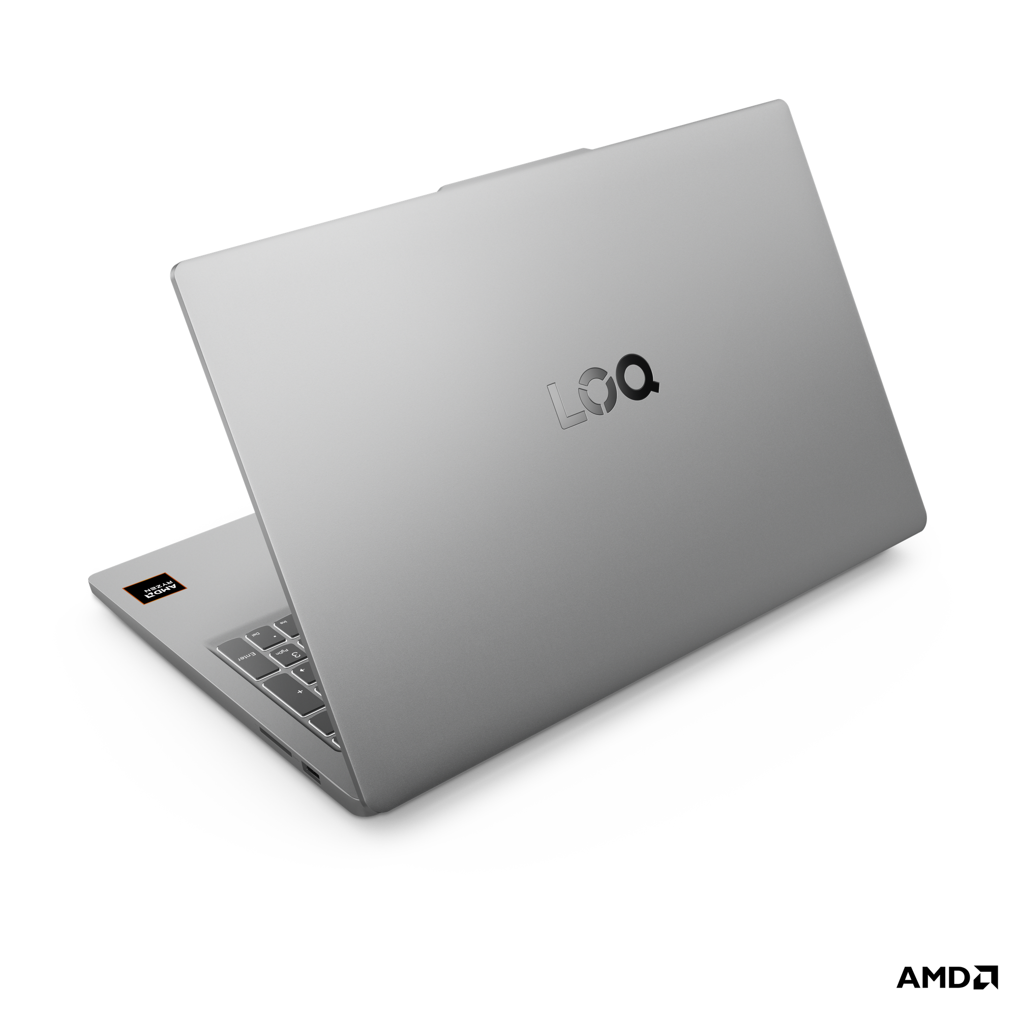 Kapaktaki LOQ logosu ve AMD Ryzen etiketi bulunan gümüş rengi bir dizüstü bilgisayar.