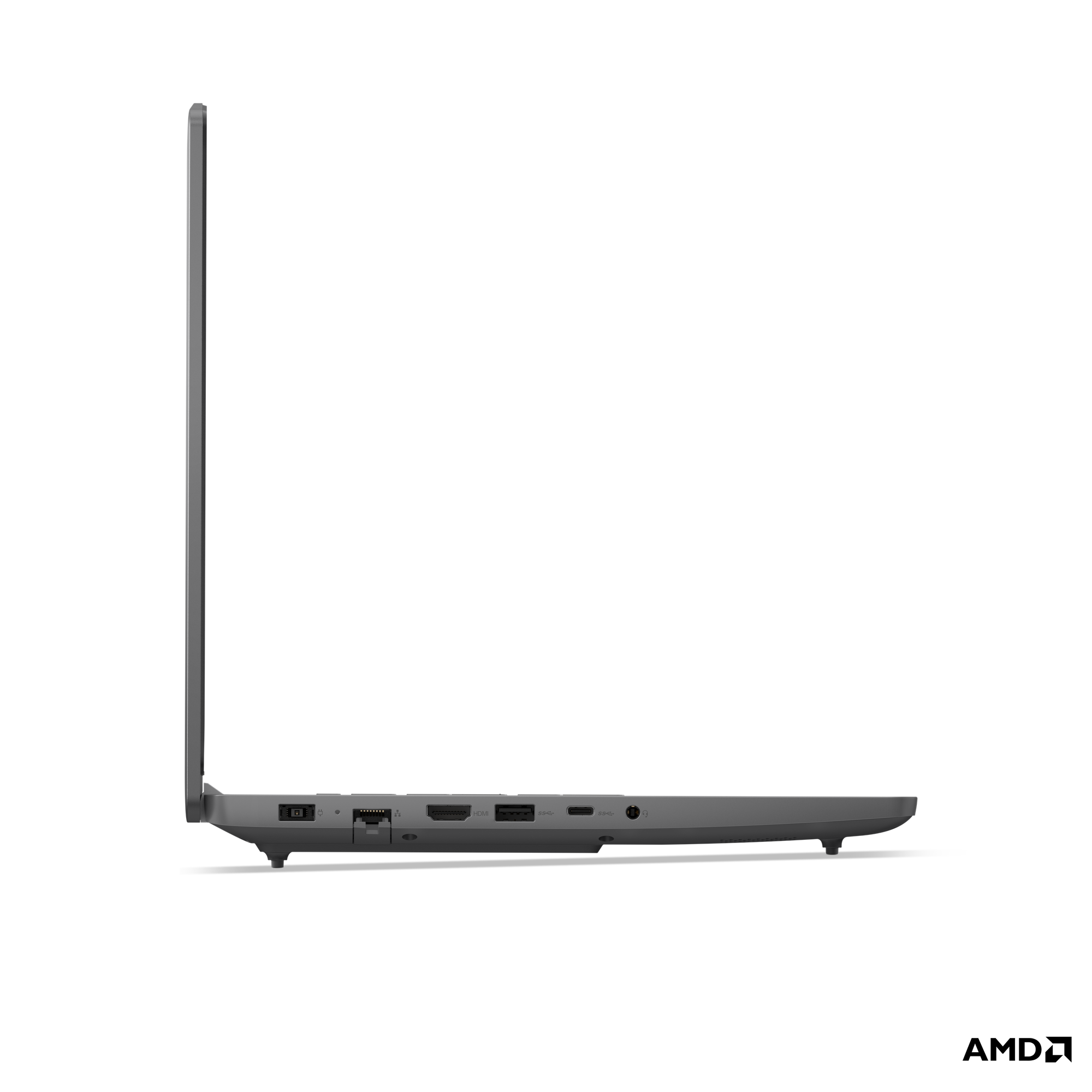 Gri bir dizüstü bilgisayarın yan görünümü, bağlantı noktaları: Ethernet, HDMI, USB-C, USB-A, ses jakı.