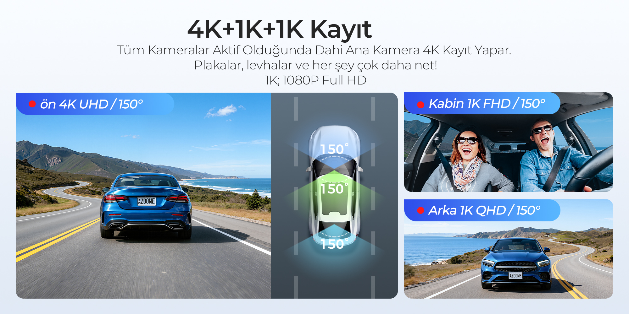 Üç kamera araba gösterir: ön, iç ve arka. Ayrıca yol manzarası gösterir.