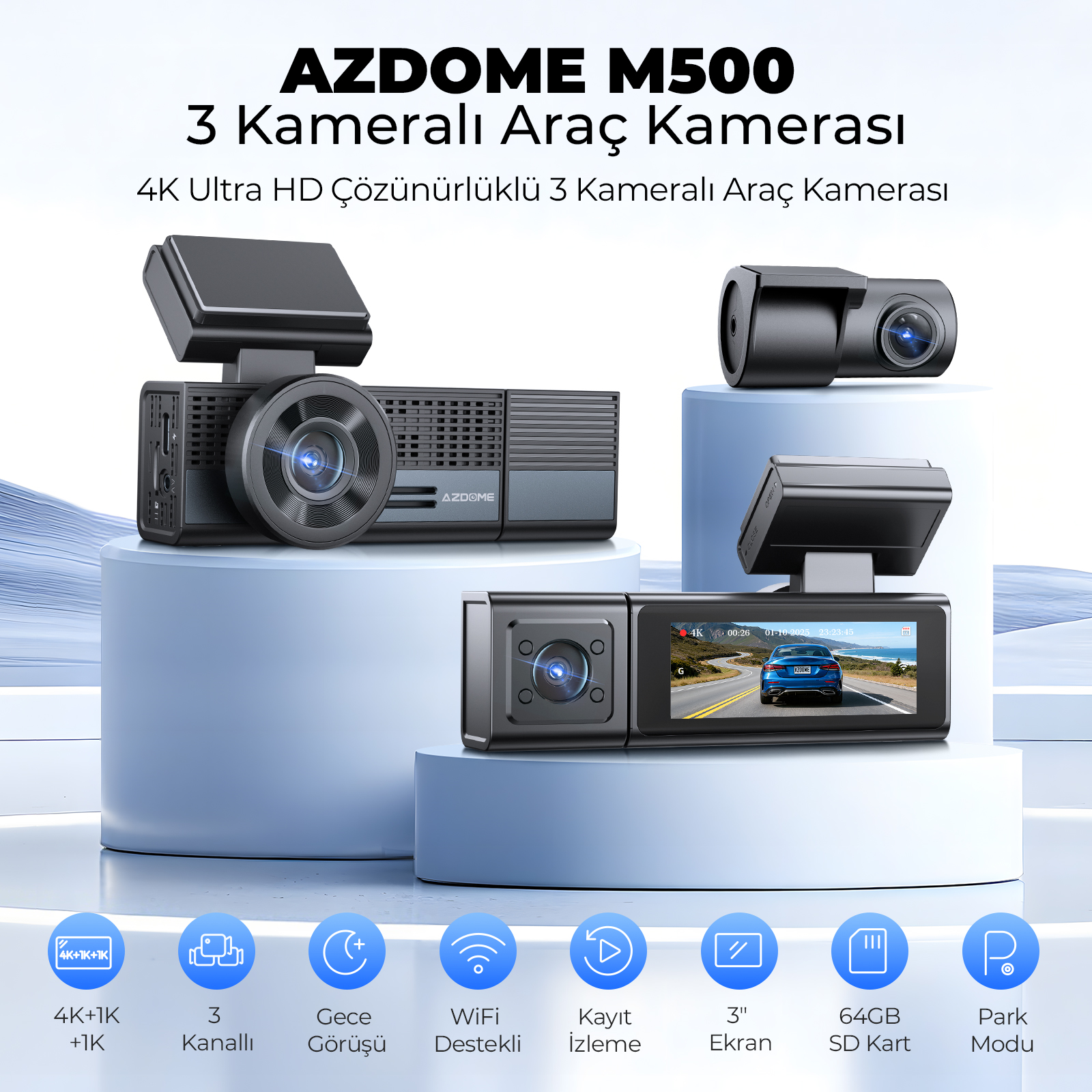 Mavi kaideler üzerinde üç adet AZDOME M500 4K araç kamerası, biri ekranlı.