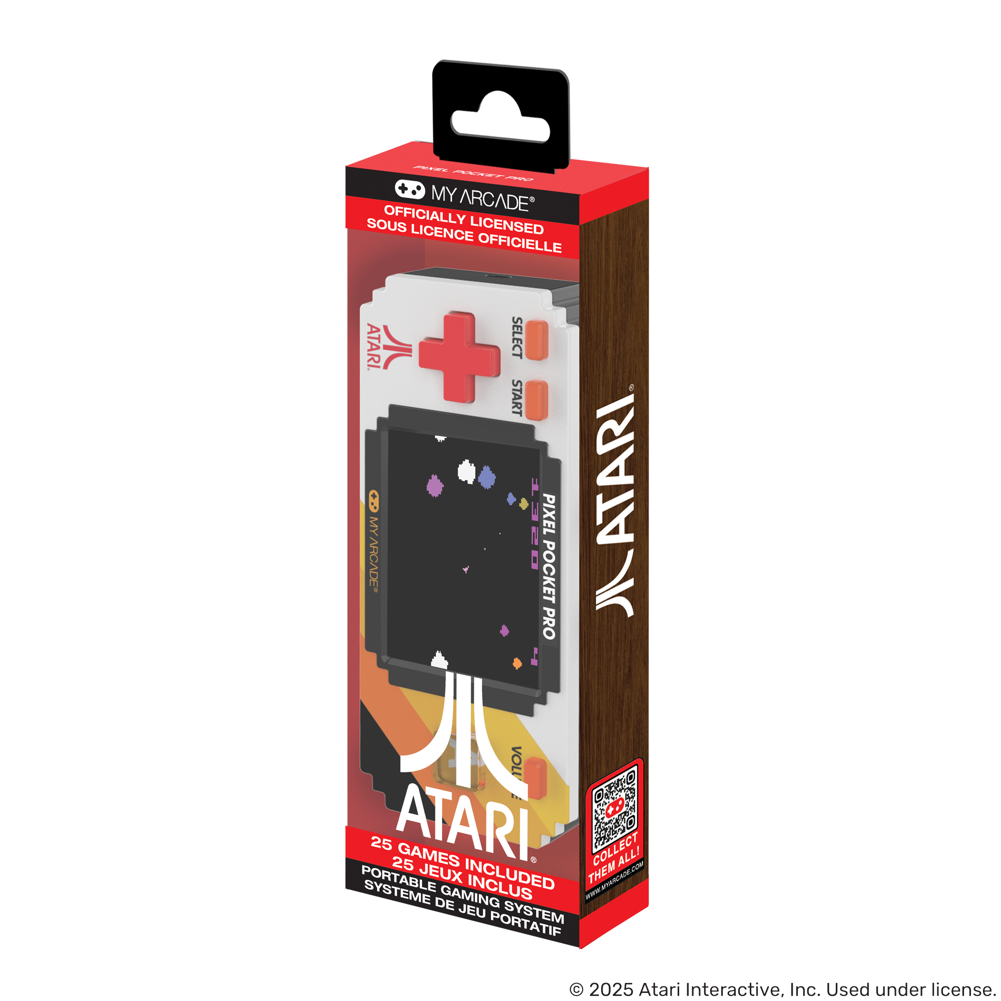 Atari logosu, kırmızı düğmeler ve oyun ekranı bulunan Atari Pixel Pocket Pro oyun sistemi kutusu.
