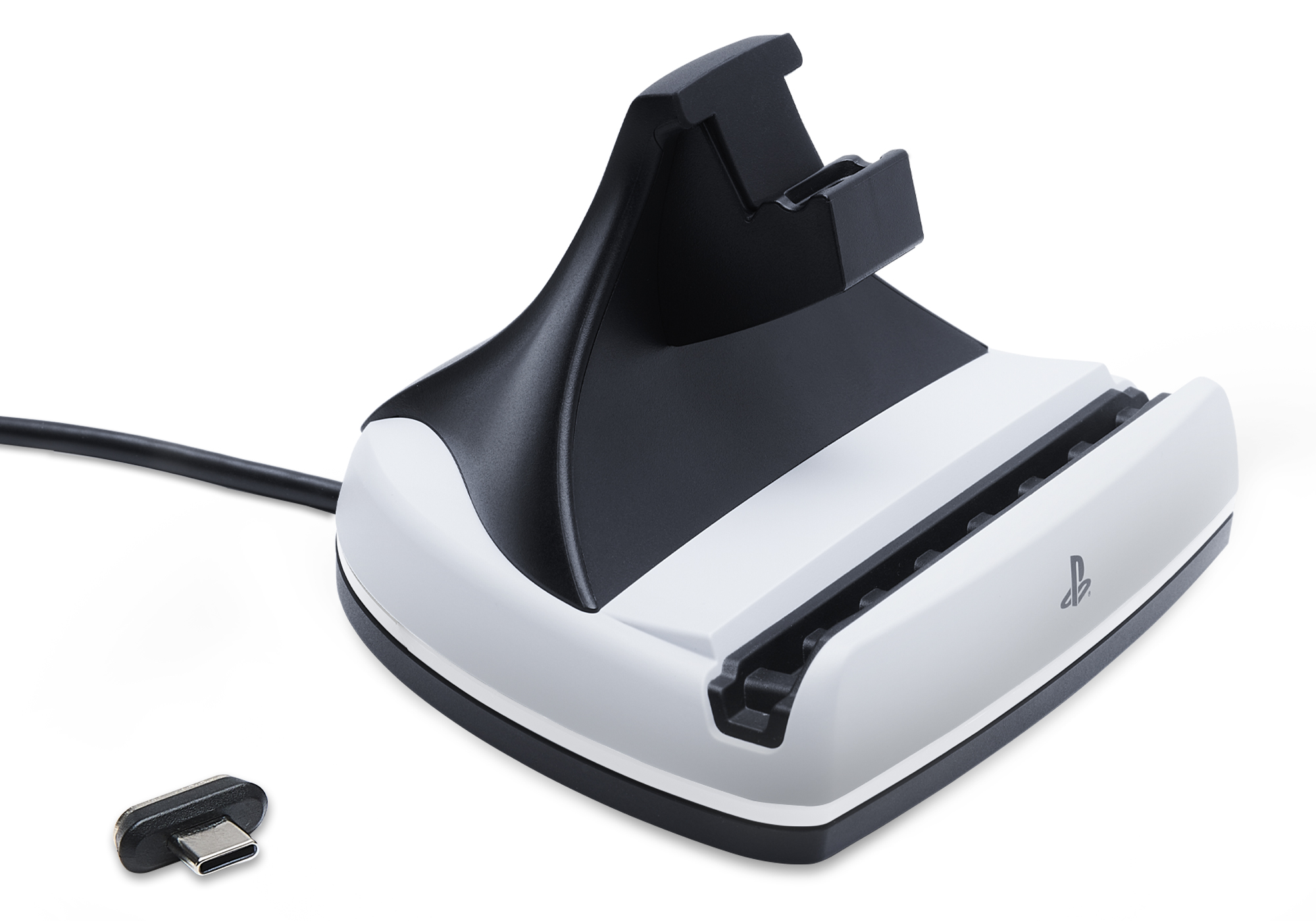 USB-C konektörlü ve kablolu beyaz ve siyah şarj istasyonu.