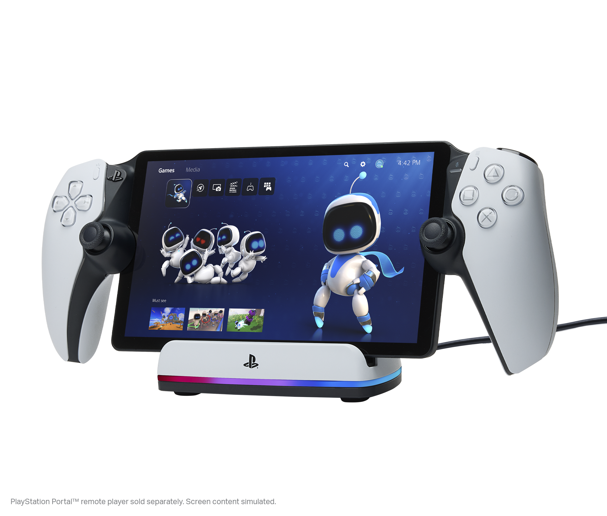 PlayStation Portal, kumandalar ve ekranda Astro Bot ile. Şarj yuvası parlıyor.