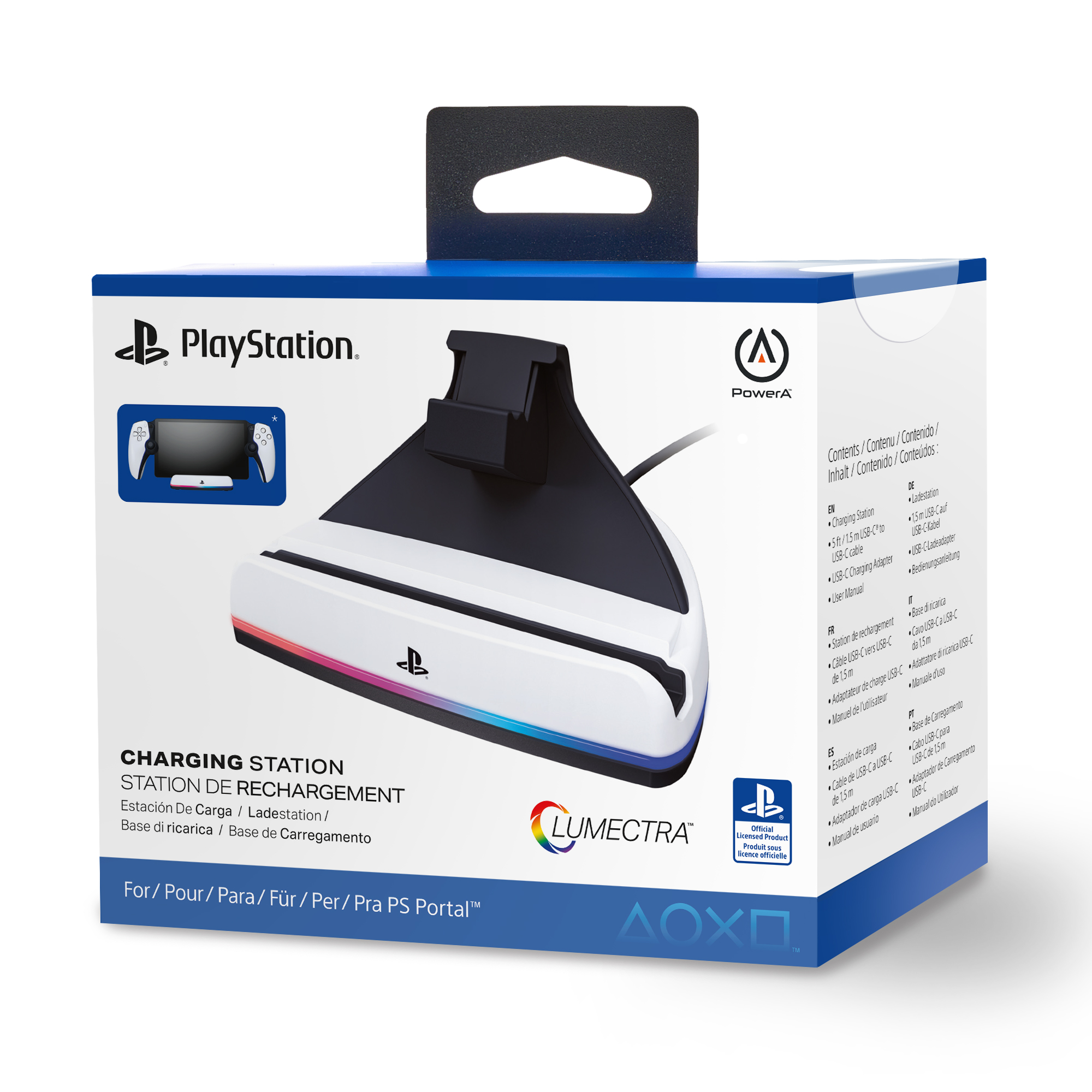 PlayStation şarj istasyonu kutusu, şarj standı ve aksesuarlarıyla.