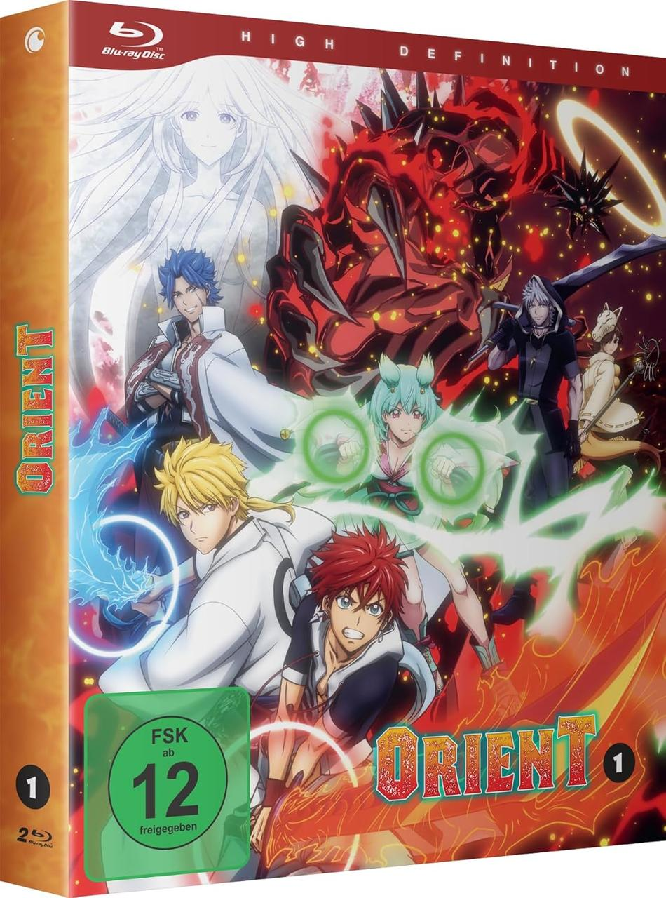 Anime-Charaktere in Actionszenen mit feurigen und magischen Effekten. Titel 'ORIENT' sichtbar.