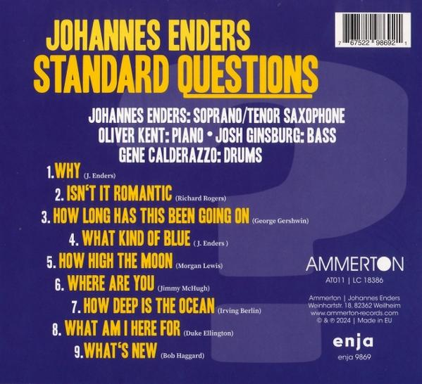 Albumcover mit Titel 'Johannes Enders Standard Questions', Songliste und Bandinformationen.