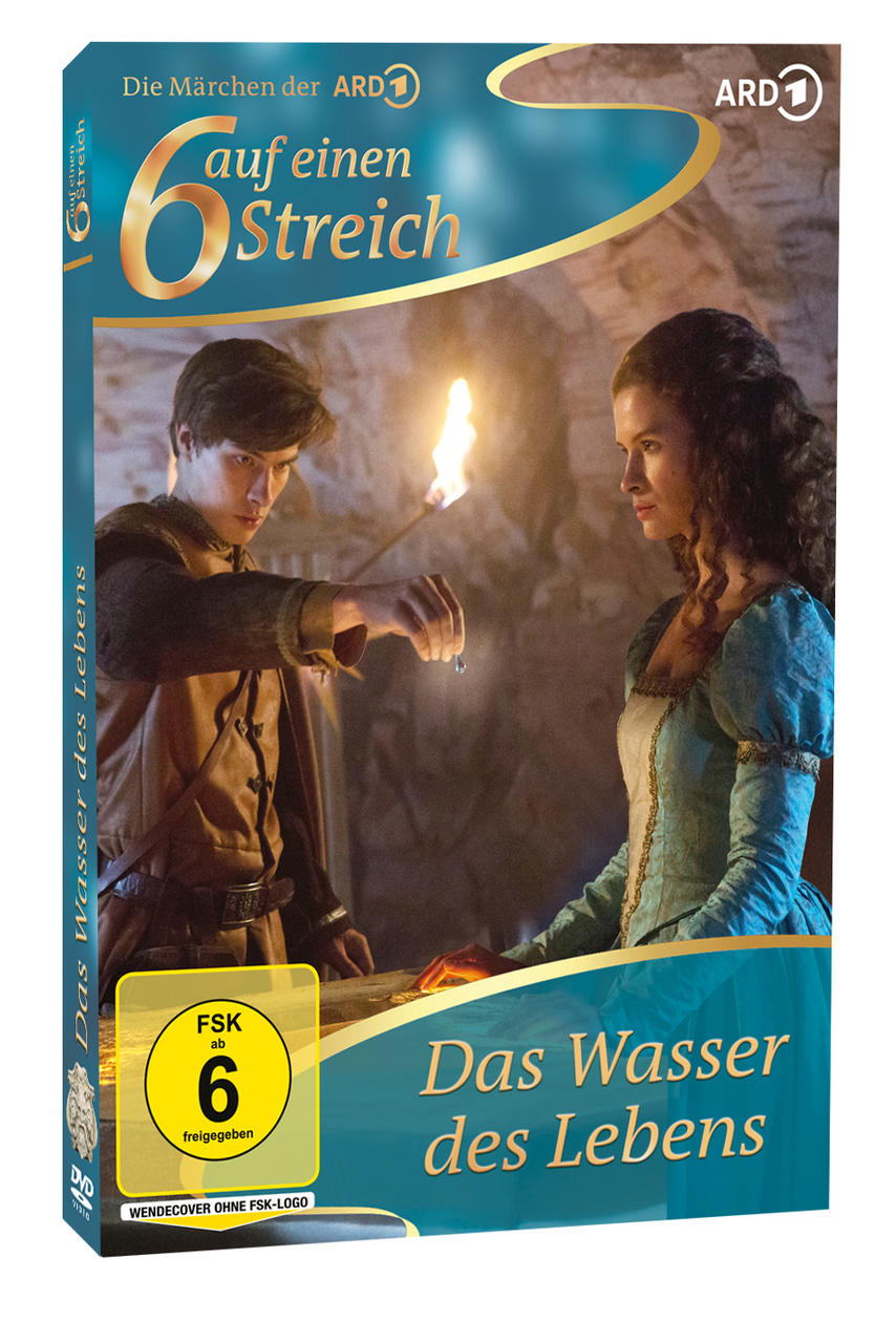 Ein Mann hält eine Fackel, Wasser tropft auf die Hand einer Frau. DVD-Cover 'Das Wasser des Lebens'.