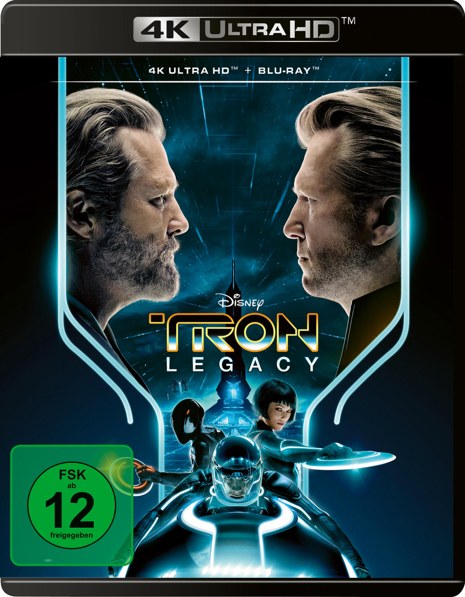 Zwei Männer blicken sich an, mit Tron-Charakteren und Logo. FSK 12.