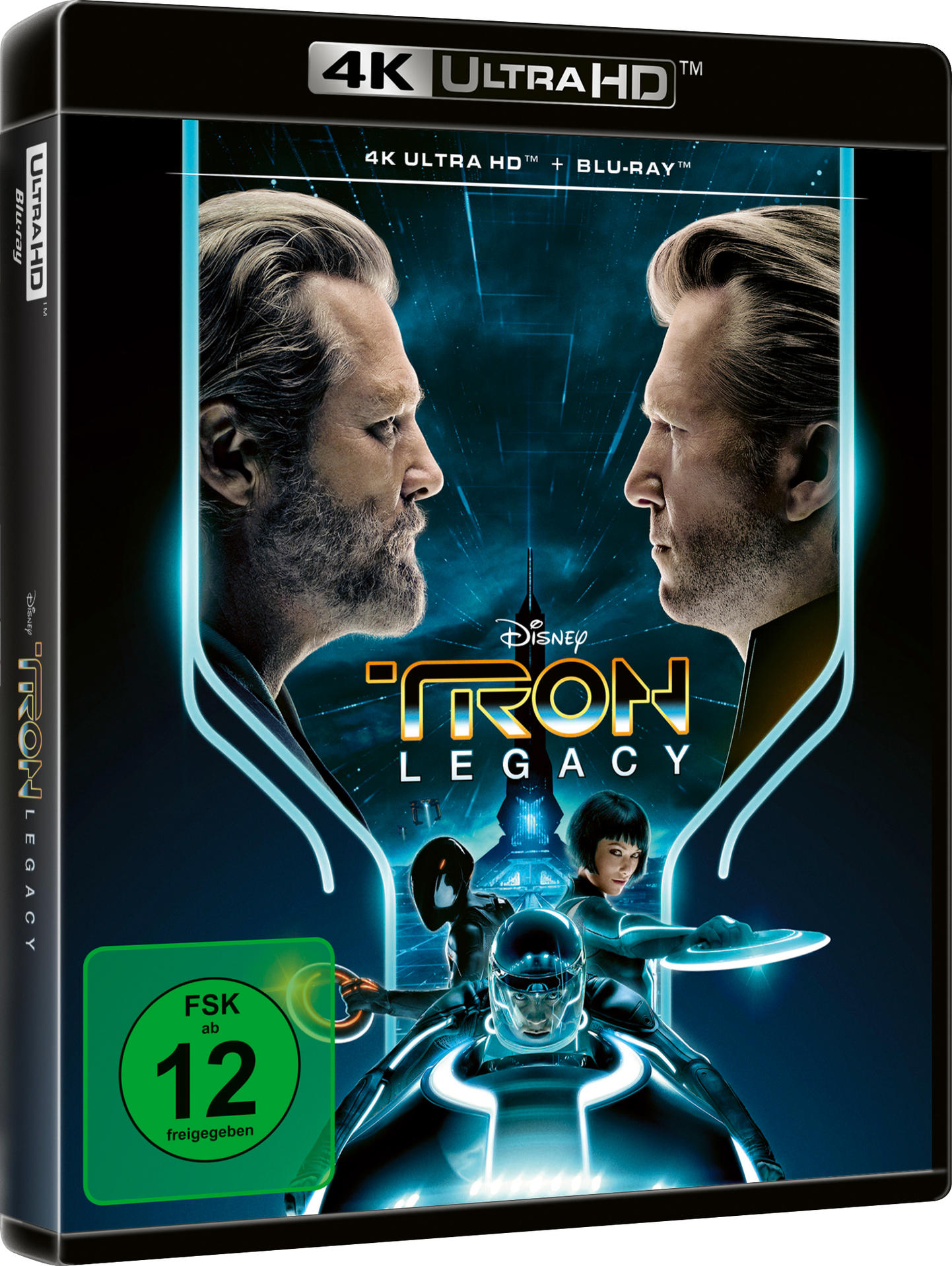 Cover von Tron Legacy 4K UHD Blu-ray mit zwei Männern und drei Figuren in leuchtenden Anzügen.